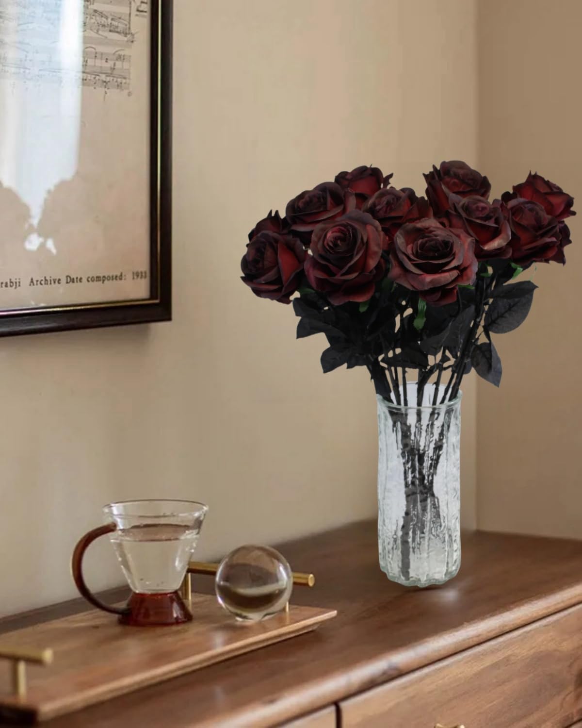 Artificial Roses Flowers, 12 Pcs Fake Burgundy Rose in Bulk, Long Stem Realistic Silk Roses Bouquet for Halloween Decoration, Fall Home Decor, Centerpieces, Flower Arrangement (Burgundy, 12-PCS)