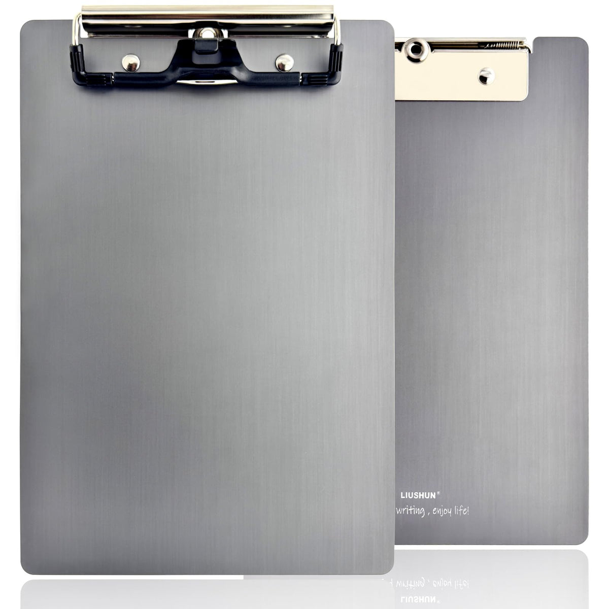 Small Aluminum Clipboard Metal A5 w/Stainless Hangable Pen Holder Low Profile Clip Board 9" x 6" Memo Message Half Letter for School Office Business Medical Workshop Factory Supplies (Grey, A5)