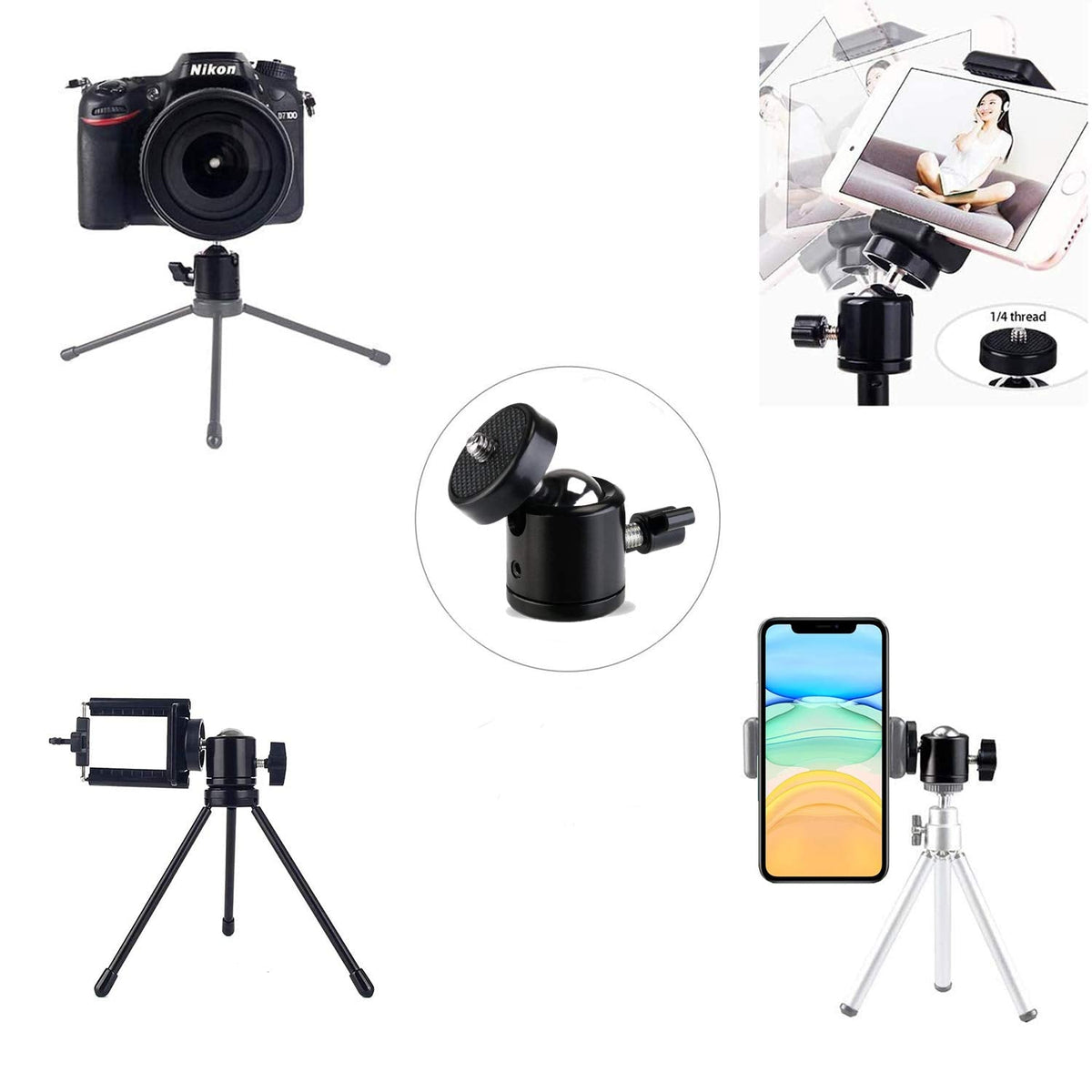 Universal 1/4" Swivel Mini Ball Head Screw Tripod Mount（2 Pack）, EszkozTA360 Degree Rotating Mount Base Adapter for DSLR Cameras HTC Vive Tripods Monopods Camcorder Light Stand…