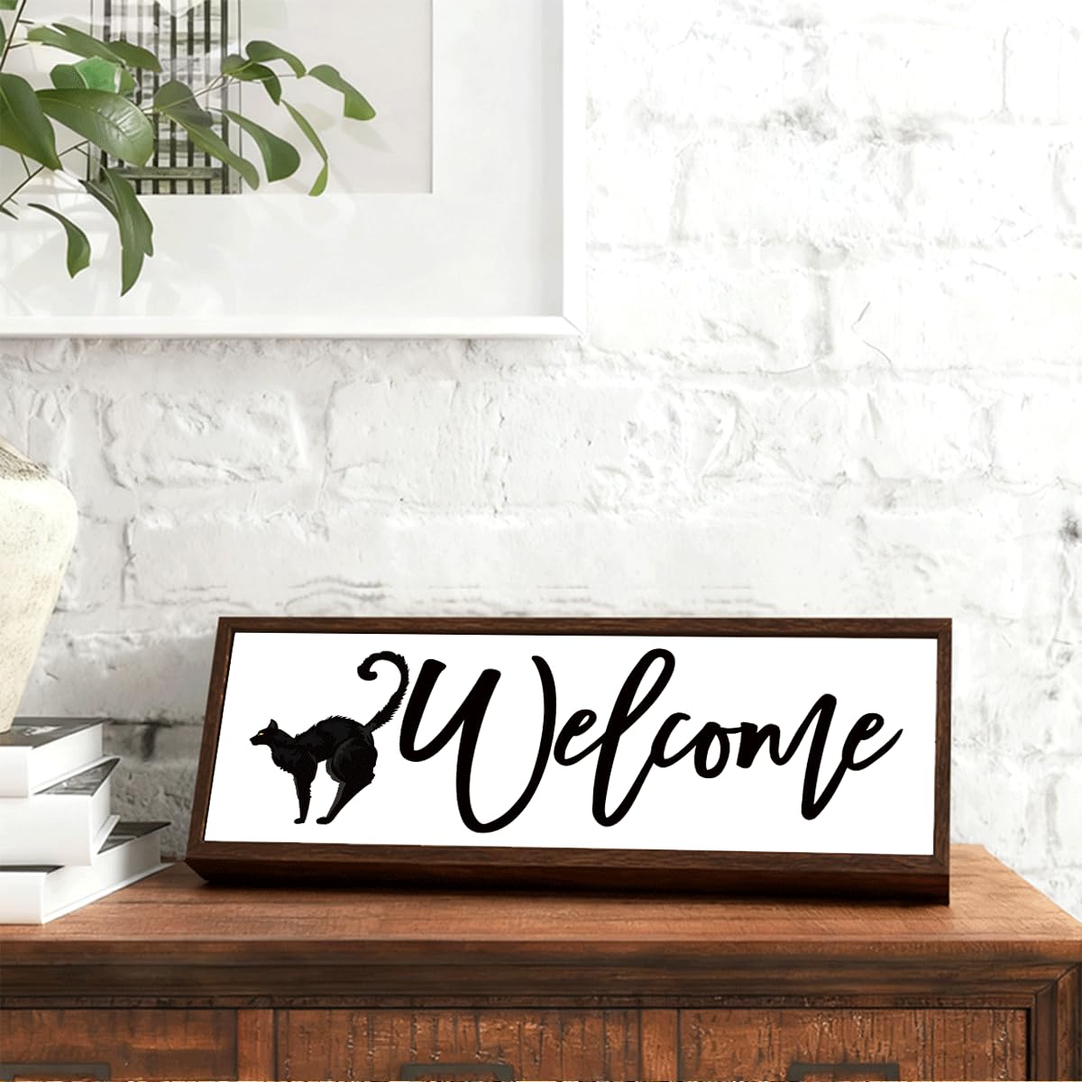 Welcome Wood Home Decor Signs, Welcome Black Cat Wood Plaque, Home Tabletop Desk Decorative Sign, Halloween Sign, Hanging Decorative Wooden Plaque 9.5x3.1 Inches(A29)