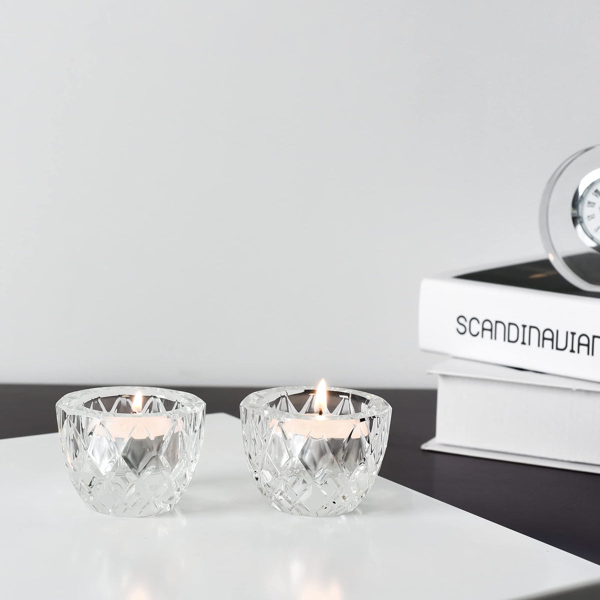 Donoucls Crystal Tealight Candle Holder Pack of 2 Party Dinner Hand-Cut 2.4'' X 1.7'' Clear