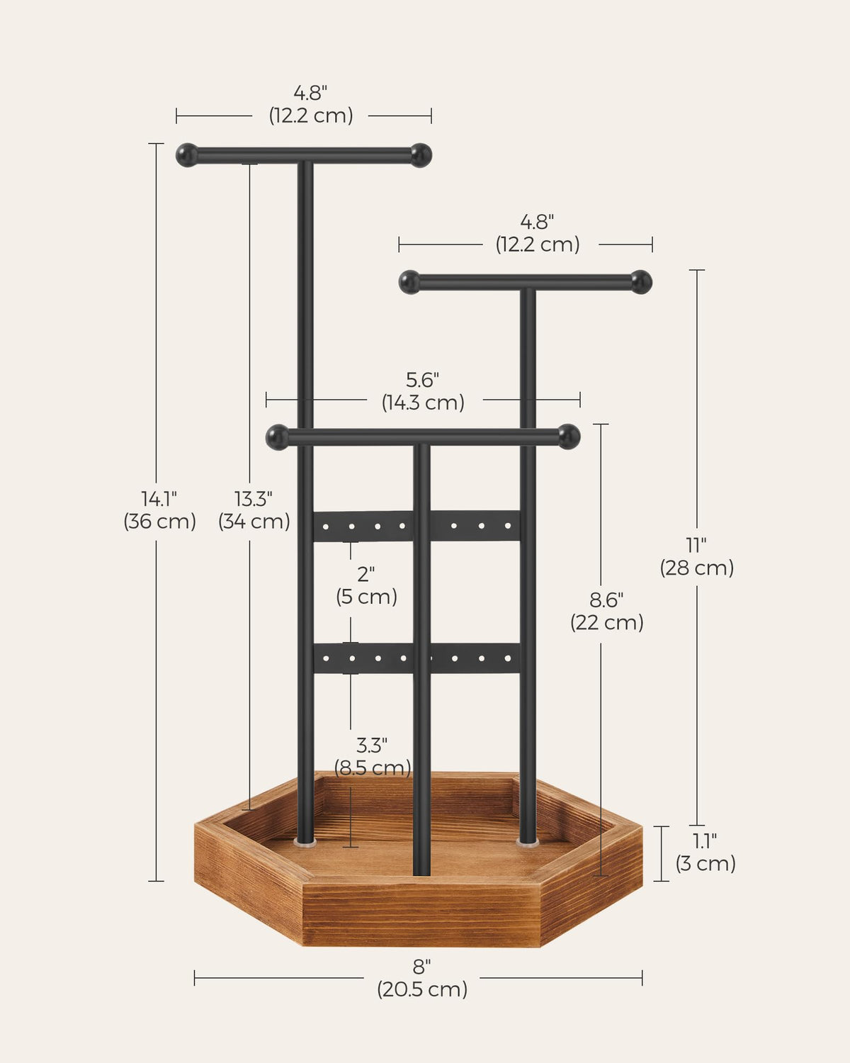 SONGMICS Jewelry Holder, Jewelry Organizer, 3 Tiers and 1 Tray, Jewelry Display Stand with Metal Frame, Necklace Earring Bracelet Holder, for Rings, Ink Black and Caramel Brown UJJS03CB