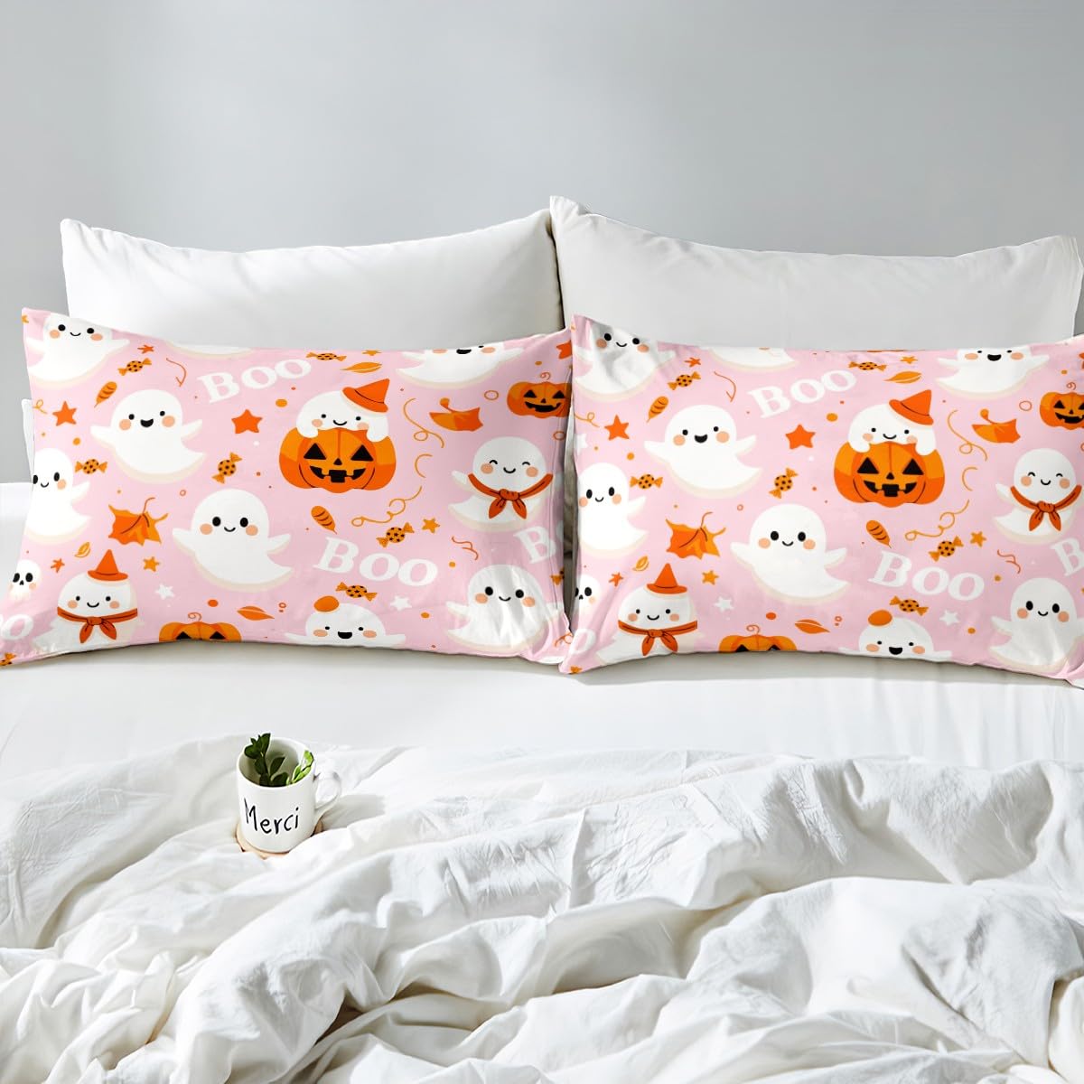 Feelyou Pink Halloween Fitted Sheet Cartoon Pumpkin Lantern Ghost Full Size Bedding Set Decoration for Kids Boys Girls Pink Sheets Set Happy Halloween Bed Sheet Set Collection