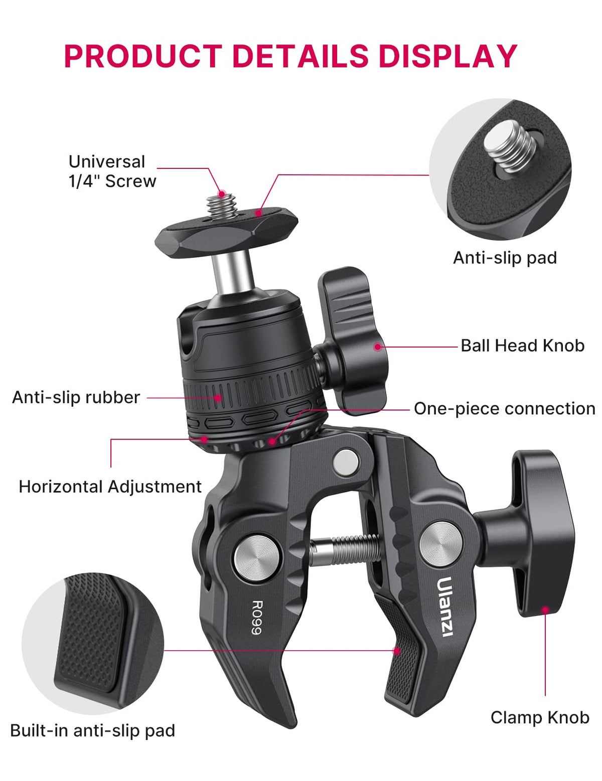 ULANZI R099 Super Clamp Camera Mount - Heavy Duty 3.3lb Load Metal Clamp with 360° Ball Head for Action Cameras (GoPro/Insta360/DJI), DSLR, Bike/Motorcycle Handlebar, Pole/Tube Mount Accessories