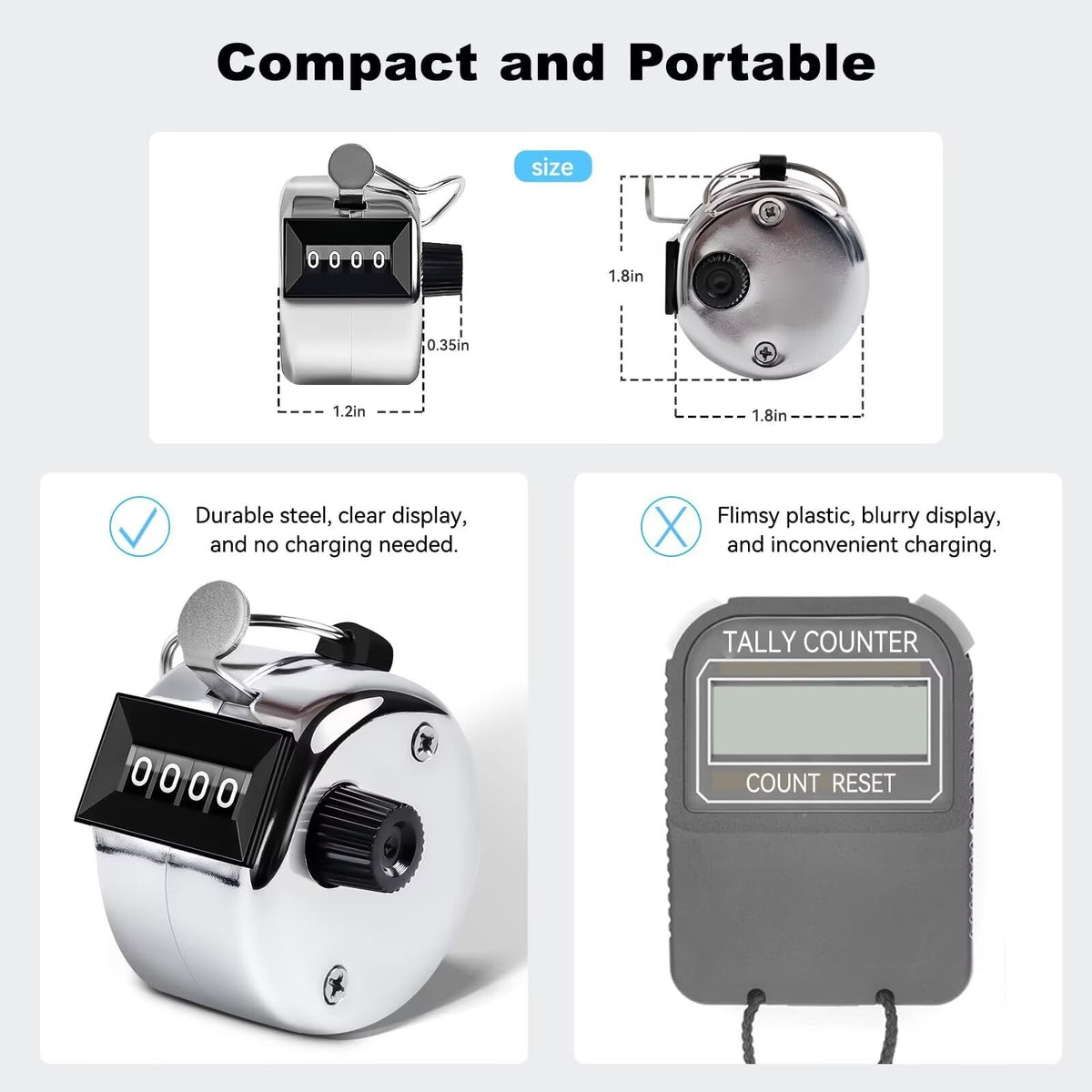 Anyongora Clicker Counter, Metal Hand Tally Counter Clicker with 4 Digit Display, Pitch Counter for Golf Stroke, Baseball, Coaching, Knitting, Lap, Row Sport, Silver