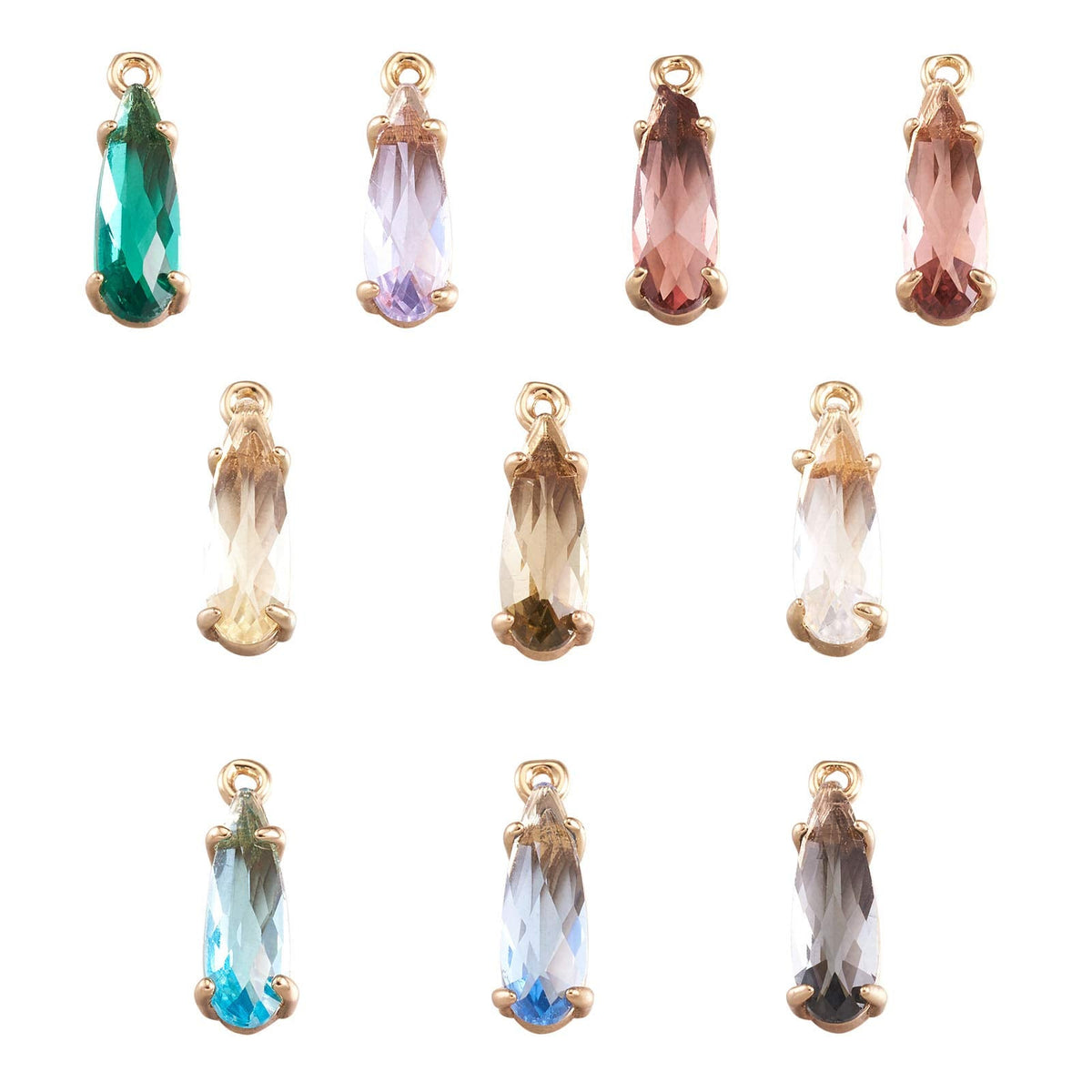FASHEWELRY 50Pcs Teardrop Faceted Glass Pendants Mixed Colors Crystal Glass Dangle Oval Drop Bead Charms with Golden Open Back Settings for Jewelry Craft Making