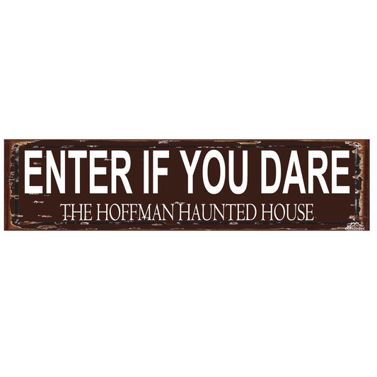 "Enter If You Dare" Haunted House Metal Sign - Vintage Halloween Decor 16x4 Inch - Rustic Spooky Plaque for Door or Wall - Durable Tin Haunted House Sign