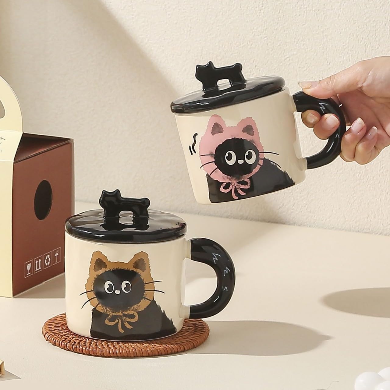 BONTOUJOUR Super Cute Black Cat Coffee Mug, Creative Funny Novelty Lovely Kawai Wearing Scarf Happy Tea Cup+ Kitty lid, Lover Couple Best Friend Friendship Valentine Water Cup, Cat Lover Gift -Blue