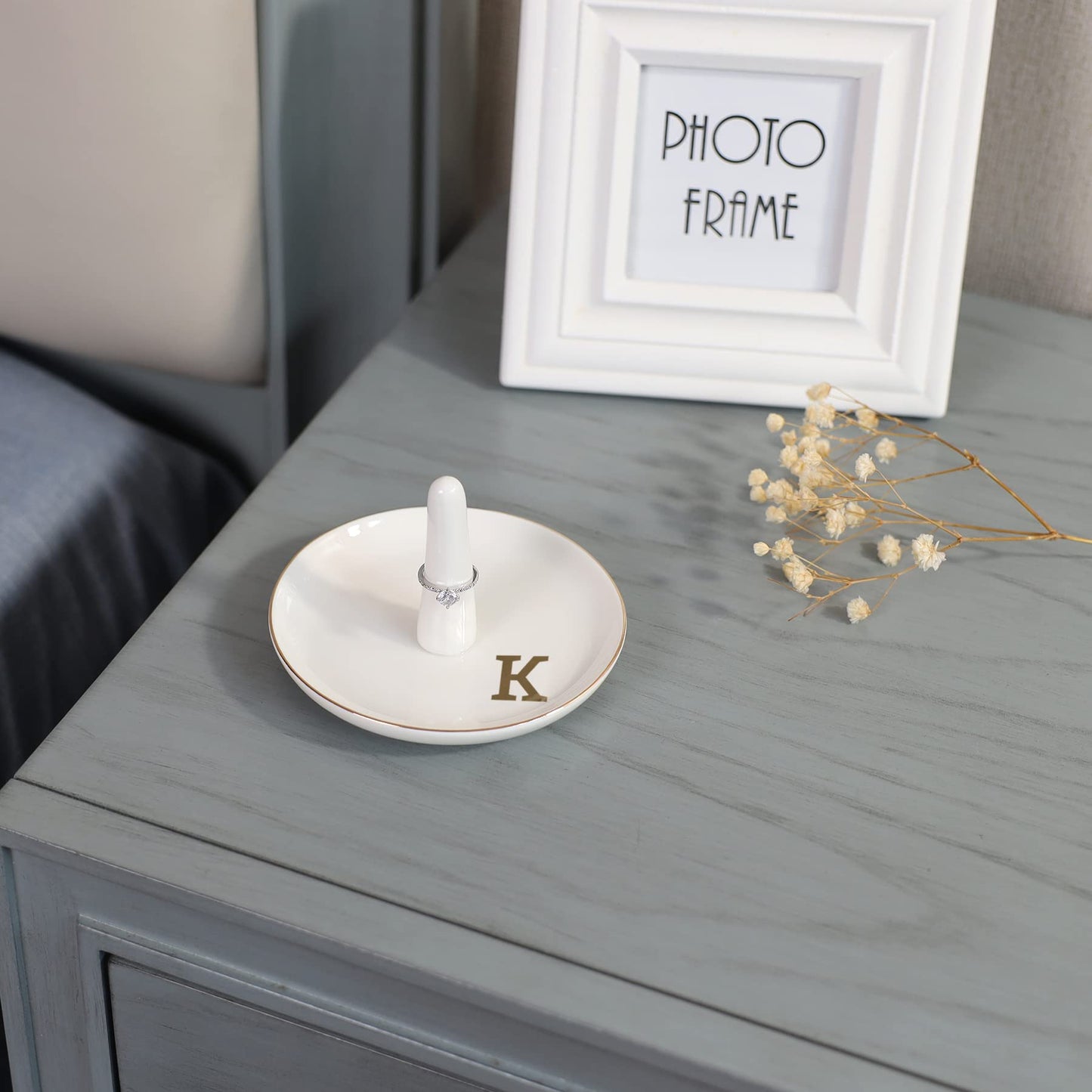 HOME SMILE Initials Ring Holder Jewery Tray with personalized K-Monogrammed Engagement Gifts for Friends,Birthday Mother's Day Christmas Gifts for Women,Ceramic White