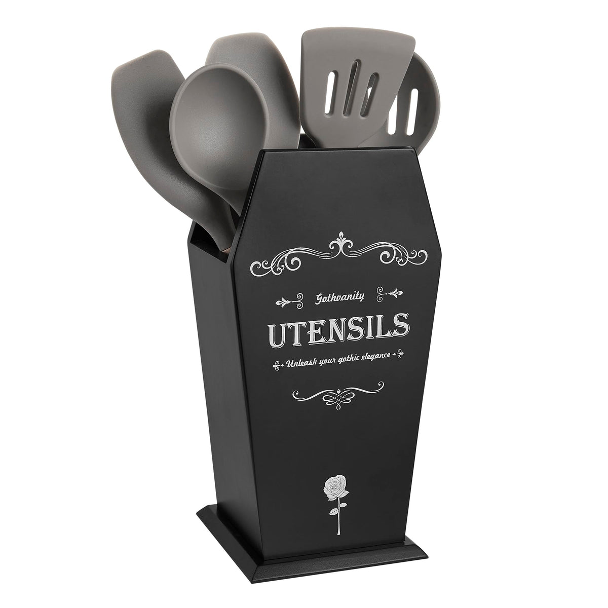 Gothvanity Gothic Coffin Utensil Holder - Large Stable Spooky Dark Aesthetic Kitchen Organizer, Wooden Black Kitchen Decor 12.5X8X5 Inches
