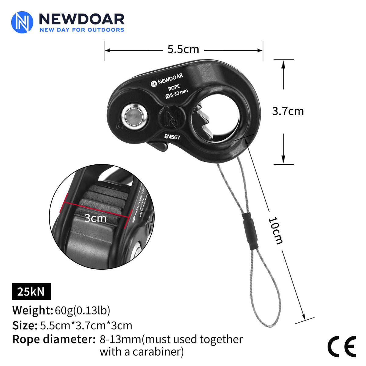 NewDoar Rope Ascender Lightweight Rope Clamp Ascender Riser Adjuster Fits 8-13mm Rope Self-Locking Grip for Rock Climbing,Protection Rescue,Rappelling,Gear Equipment(Black,Serrated Teeth)