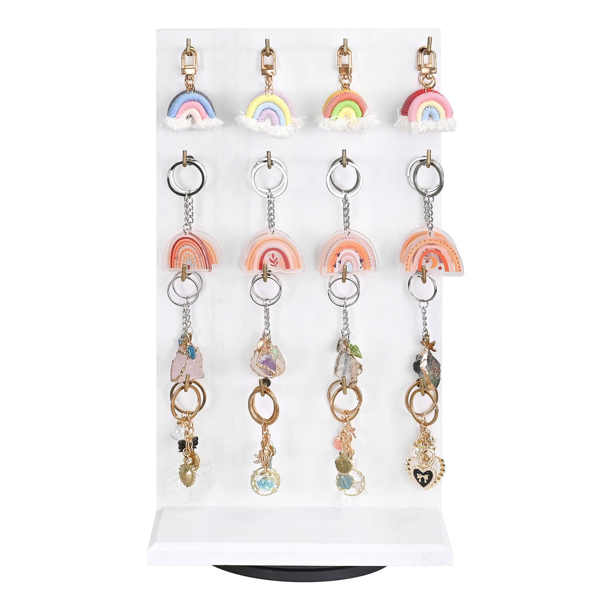 MOOCA Wooden Rotating Two-Sided Jewelry Display Stand, Rotating Organizer with 32 Long Hooks for Store, Keychain Earring Display, White color, 9.1W x 7.5 D x 17.1 H in