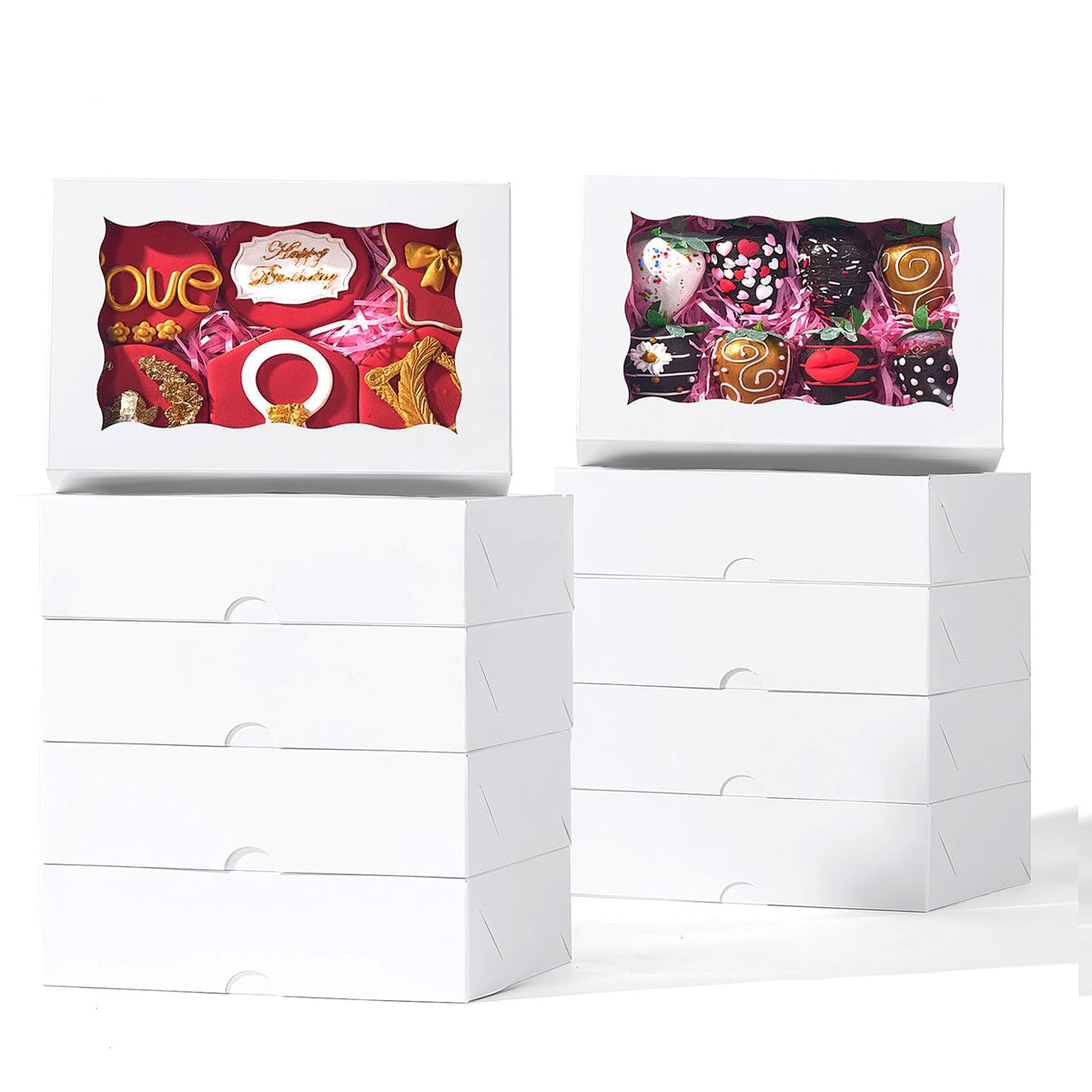 RomanticBaking 8x5x2 Inch 21PCS Cookies Boxes Chocolate Covered Strawberries Boxes Bakery Boxes with Window for Cakesickle Chocolate Truffle Pretzel & Party favors Packing