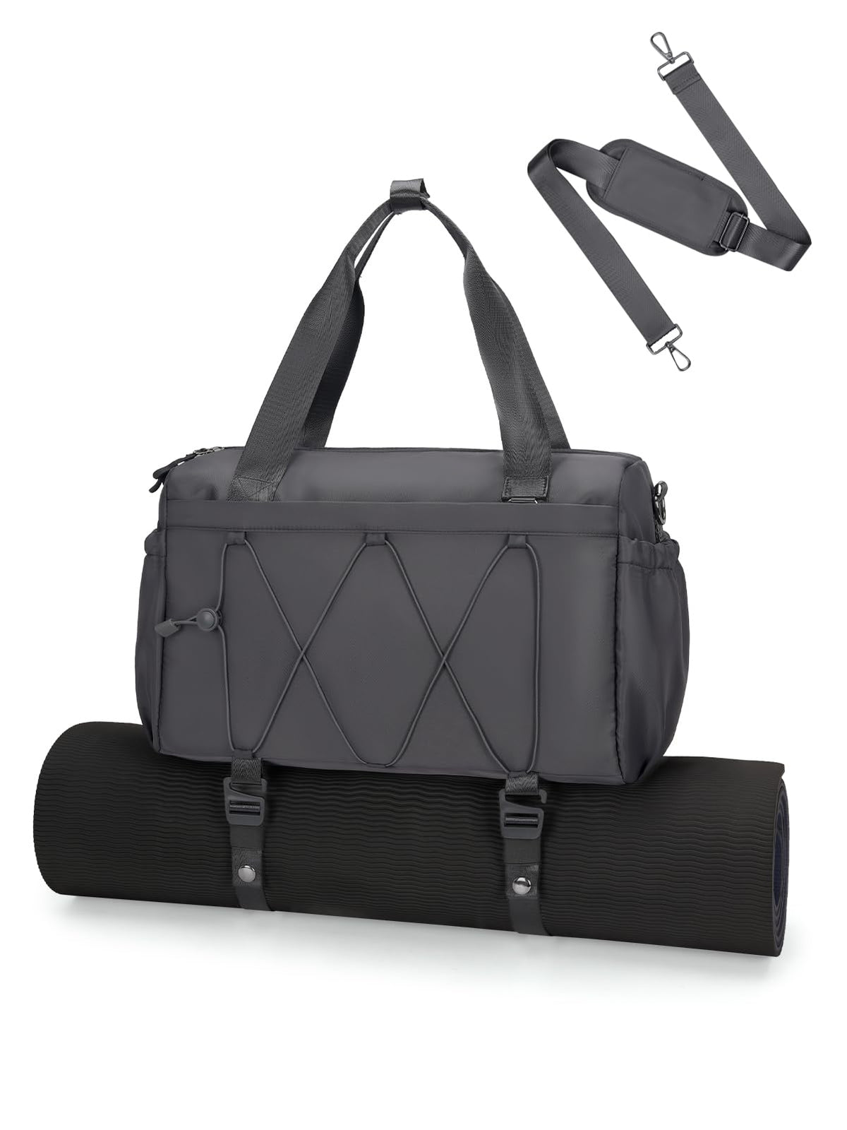 Small Gym Bag for Women with Yoga Mat Holder and Wet Compartment, Mini Gym Duffle Bag Yoga Bag with Water Bottle Pocket for Workout Travel, Dark Gray