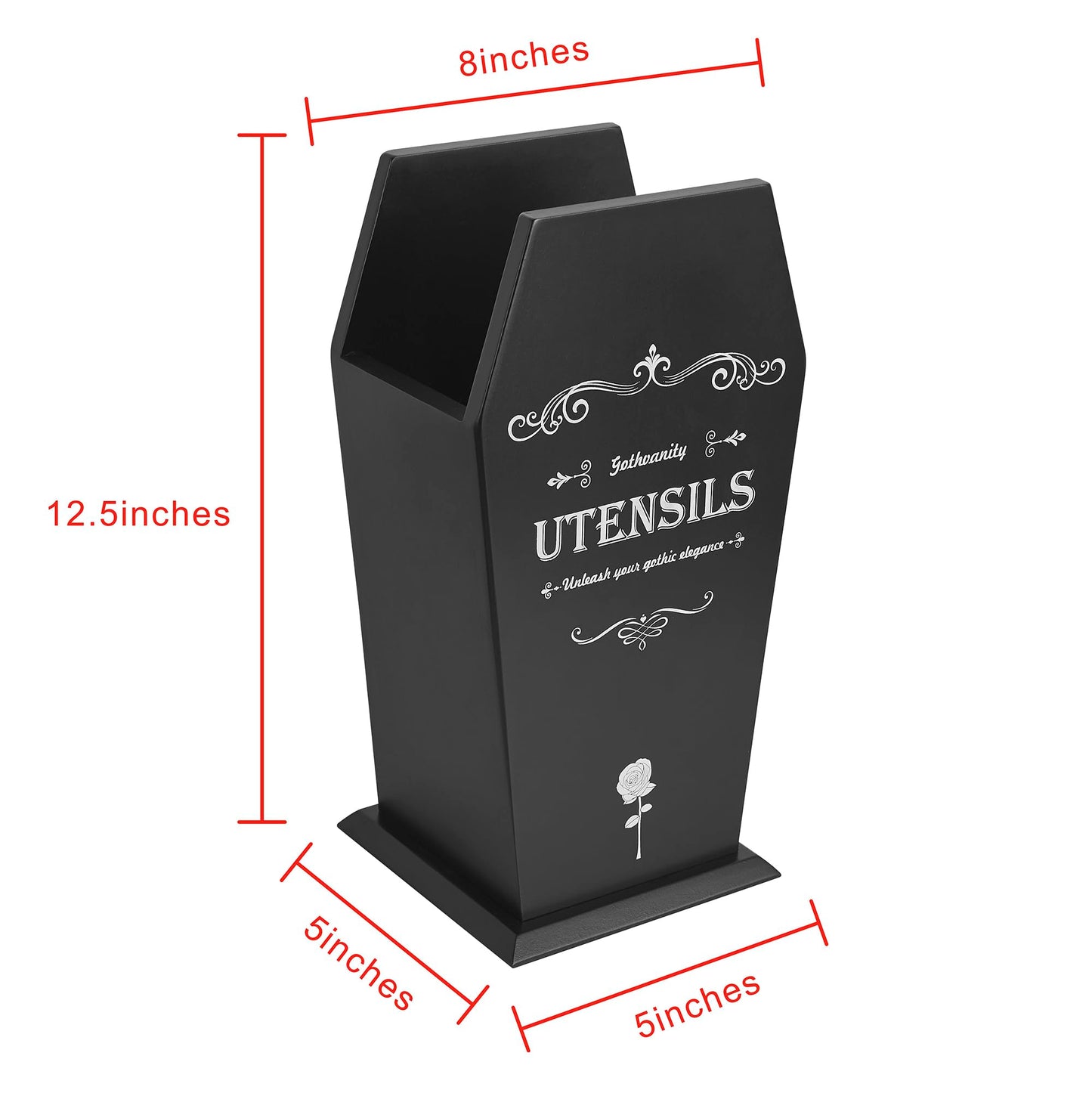 Gothvanity Gothic Coffin Utensil Holder - Large Stable Spooky Dark Aesthetic Kitchen Organizer, Wooden Black Kitchen Decor 12.5X8X5 Inches