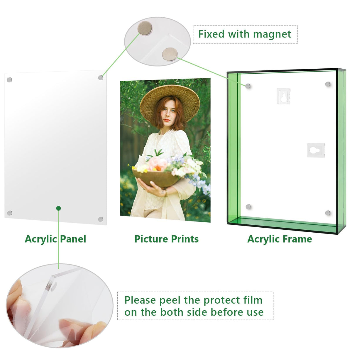 5x7 Acrylic Picture Frame Green - Clear Floating Photo Frames for 5 x 7 Inches Art Print - Individual for Tabletop Display - With Hangers for Wall Mount Horizontal or Vertical - 1 Pack