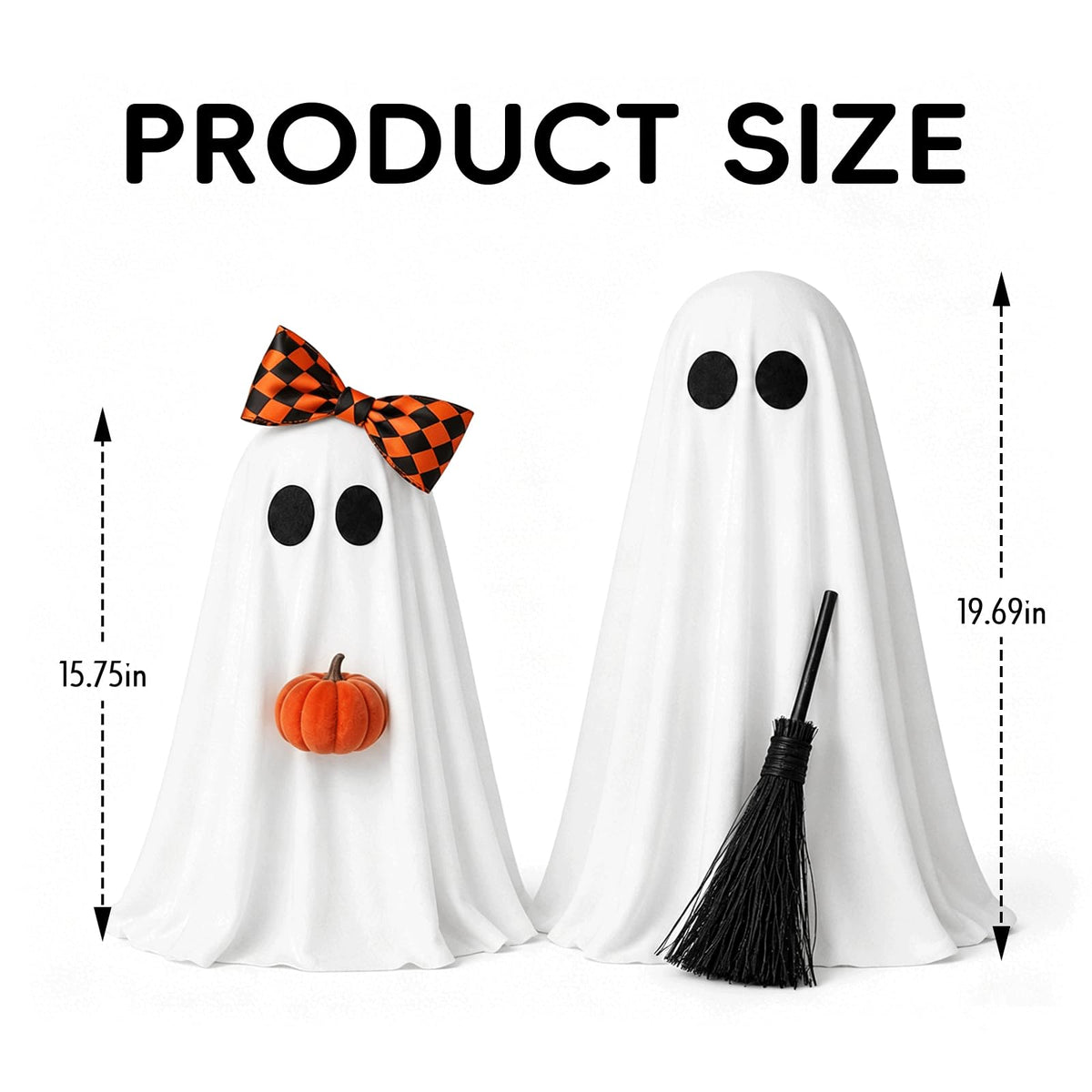 Halloween Decorations, 2 Pack Lighted Spooky Ghost with Pumpkin and Buffalo Plaid Bow, Cute Standing Ghost Decor for Halloween Decorations Indoor Home Office Table Mantel Shelf Party Supply