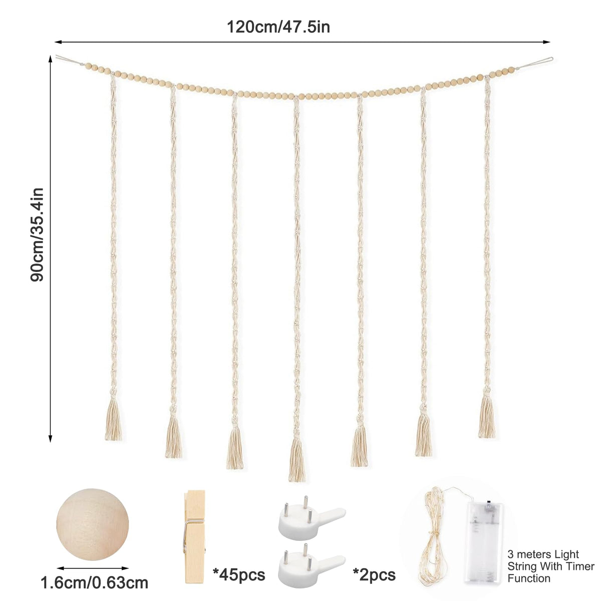 shuielai Macrame Hanging Photo Display with String Lights, Boho Wall Decor with Wooden Beads Garland & Clips, Picture Collage Holder for Bedroom Living Room Dorm, for Teen Girls