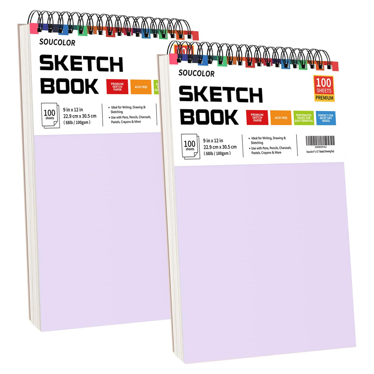 Soucolor 9" x 12" Sketch Book, 2 Pack School Art Supplies Gifts for Girl, Birthday Gifts for Women, Thank You Gifts, Stocking Stuffers,200-Sheets Each (68lb/100gsm) Purple Drawing Notebook for Kids