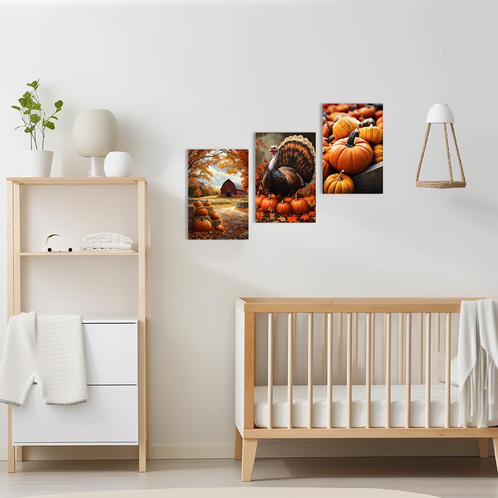CCWORKERRY Fall Picture Wall Art Set of 3 Barn and Pumpkin Canvas Prints Autumn Painting Rural Harvest Poster Farmhouse Kitchen Decor Framed(Orange,12" x 16"x3P)