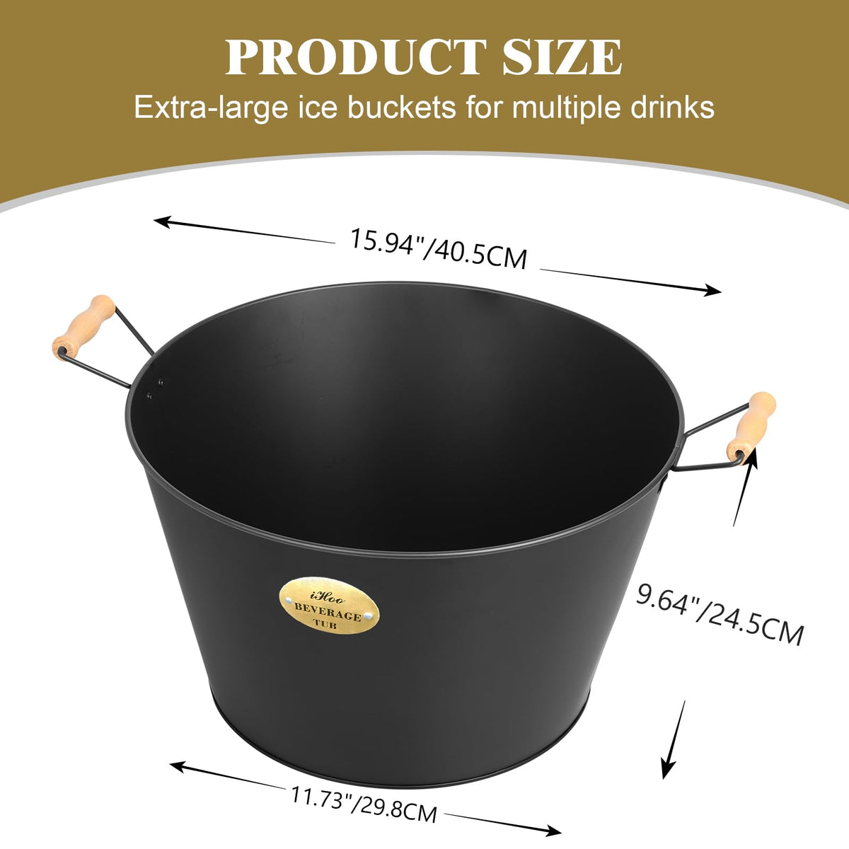 5.5 Gallon Large Beverage Tubs for Parties, 21L Ice Bucket with Wooden Handles for Beer, Wine, Cocktails & Outdoor Events -Black