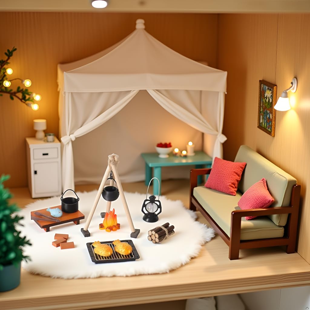 Miniature Camping Cooking Set – 1:12 Scale Dollhouse Outdoor Stove & Campfire Accessories for Micro Outdoor Scenes and Miniature Dioramas
