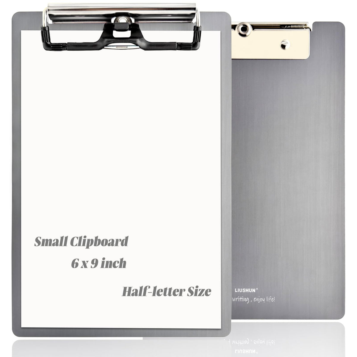Small Aluminum Clipboard Metal A5 w/Stainless Hangable Pen Holder Low Profile Clip Board 9" x 6" Memo Message Half Letter for School Office Business Medical Workshop Factory Supplies (Grey, A5)