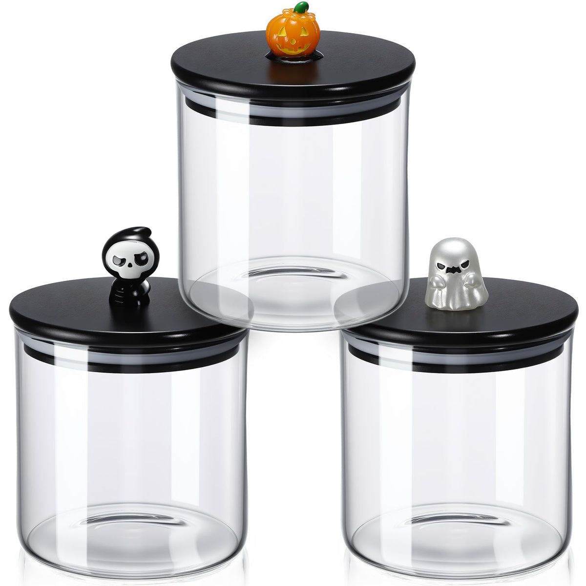 Chuangdi 22 oz Halloween Glass Jars with Bamboo Lid Set of 3 Ghost Grim Reaper Pumpkin Glass Storage Canister Halloween Decorations Indoor for Kitchen Tiered Tray Table Home Party Supplies