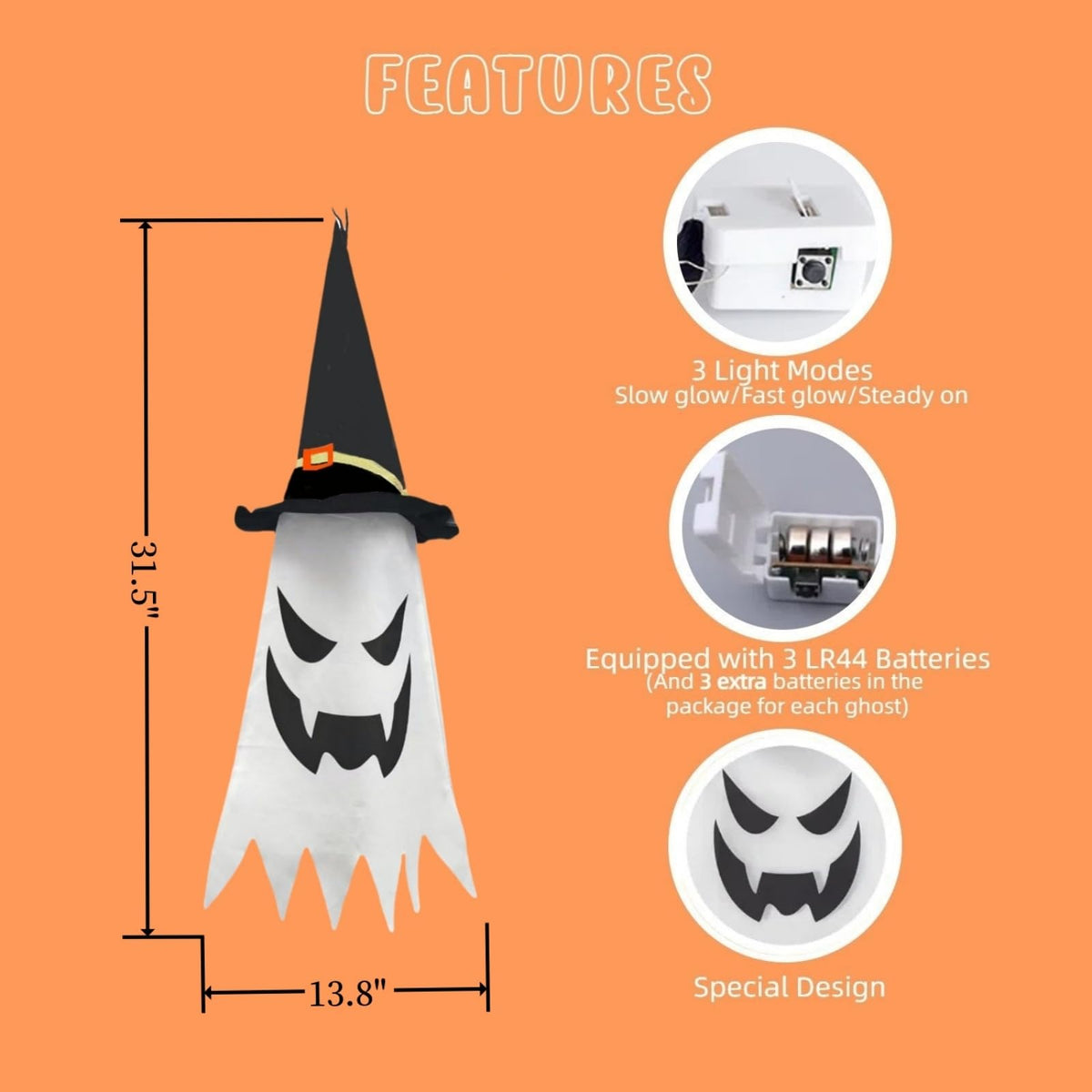 31.5" (3Pcs) Halloween Decorations Outdoor Indoor Hanging Ghosts Witch Hat, Glowing Witch Hat Halloween Ghost Decor for Room,Yard,Garden,Tree,Eaves,Party