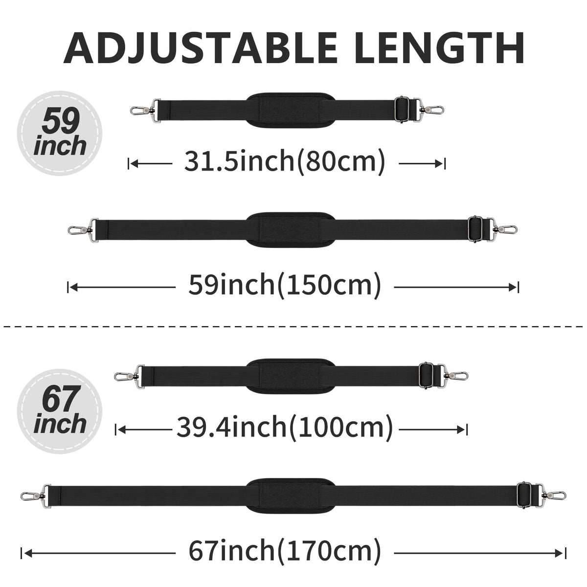 RAINYEAR 59 Inch Shoulder Strap for Bag, Adjustable Soft Padded Replacement Purse Strap with Metal Hooks for Laptop Bag, Shoulder Bag, Messenger Bag, Travel Duffel Bag, Crossbody Bag, Black