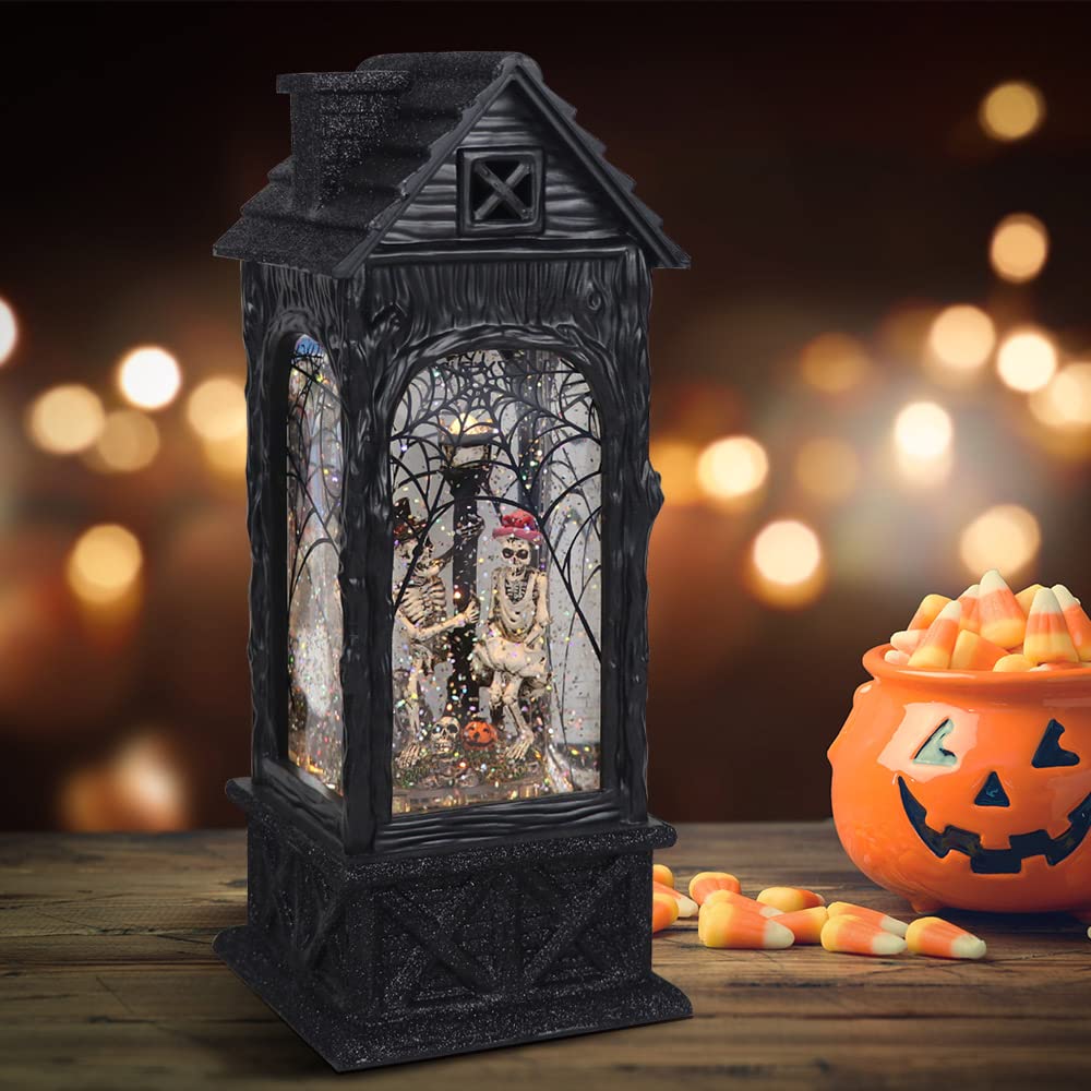 DRomance Halloween Snow Globe Projection Lantern with 6 Hour Timer, 3 AA Batteries Operated & USB Powered Skeleton Lighted Water Lantern Glittering Halloween Decor Gift, 10.7 Inch Tall