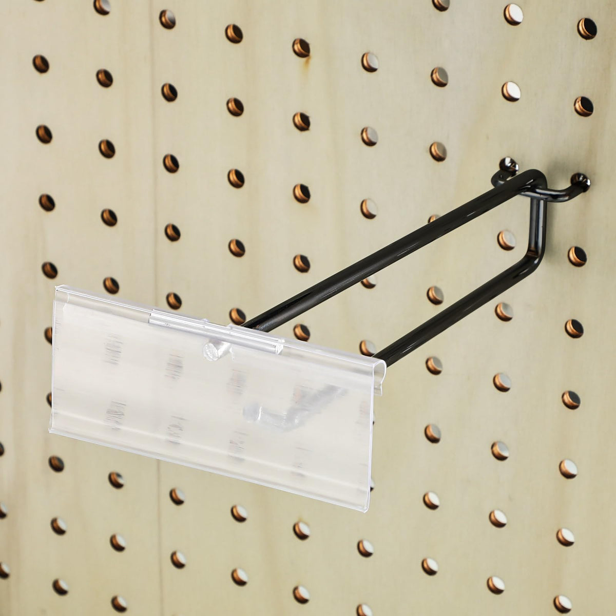 Tandefio 50 Pack 4 Inch Black Metal Peg Board Hooks with Clear Plastic Label Holder Stainless Steel Display Pegboard Hooks for 1/8'' to 1/4'' Pegboard Wall for Garage Storage Retail Shop Supplies
