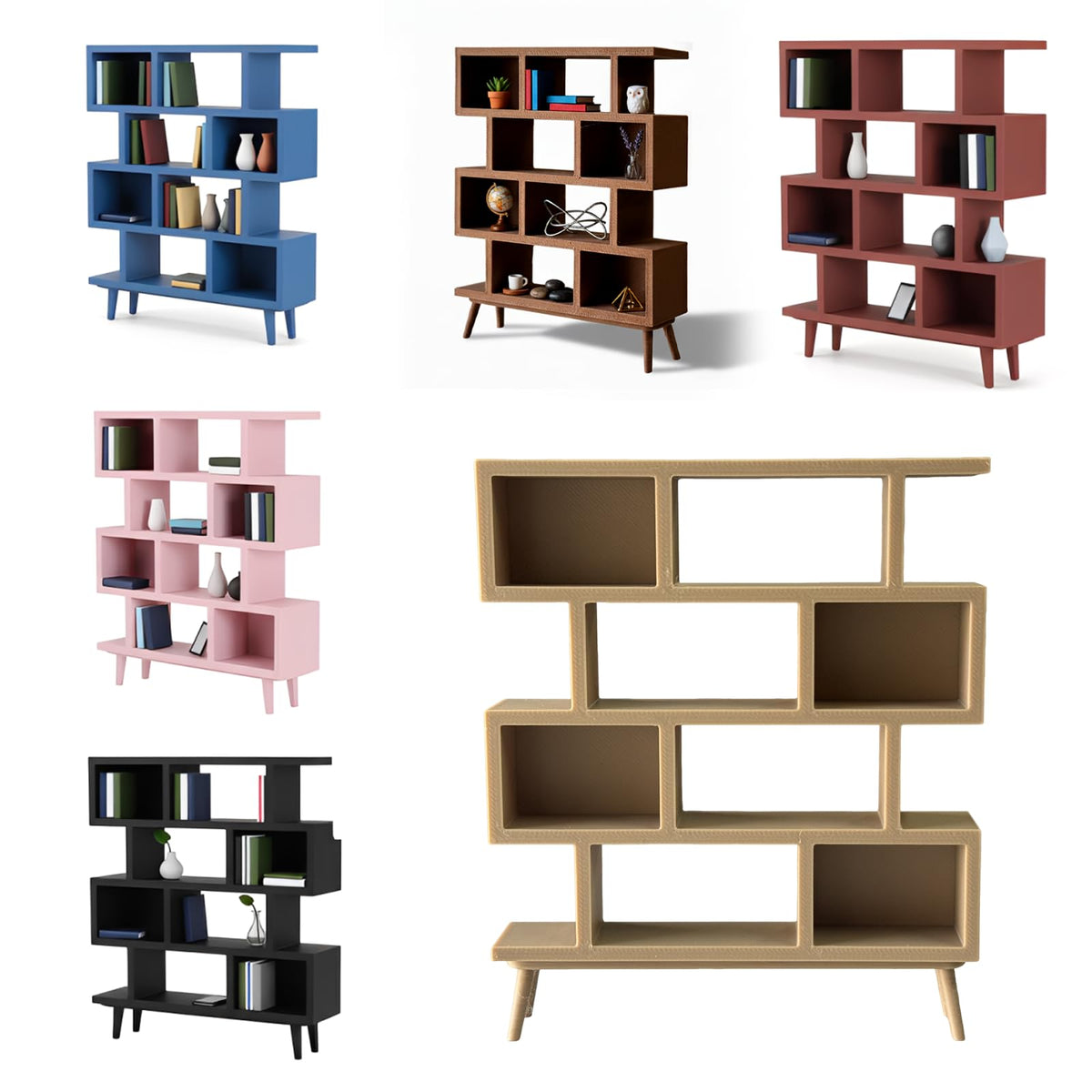 stazuvrt 1:12 Dollhouse Mini Bookshelf | 3D-Printed Modern Geometric Display Shelf, Ideal for Dollhouse Furniture Collectors(Natural Wood Color)