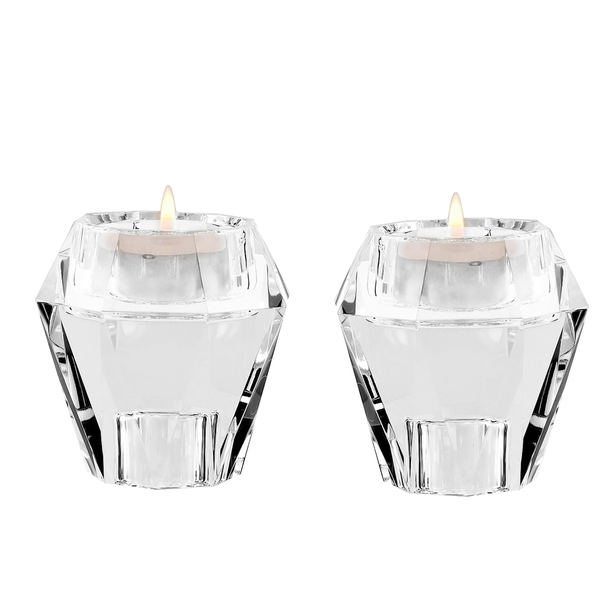 Marvala Crystal Candle Holders Pack of 2, Reversible Clear Tealight or Taper Candlesticks, Table Centerpiece Home Decor for Wedding, Dining, Party, Luxury Gift Set (Transparent)