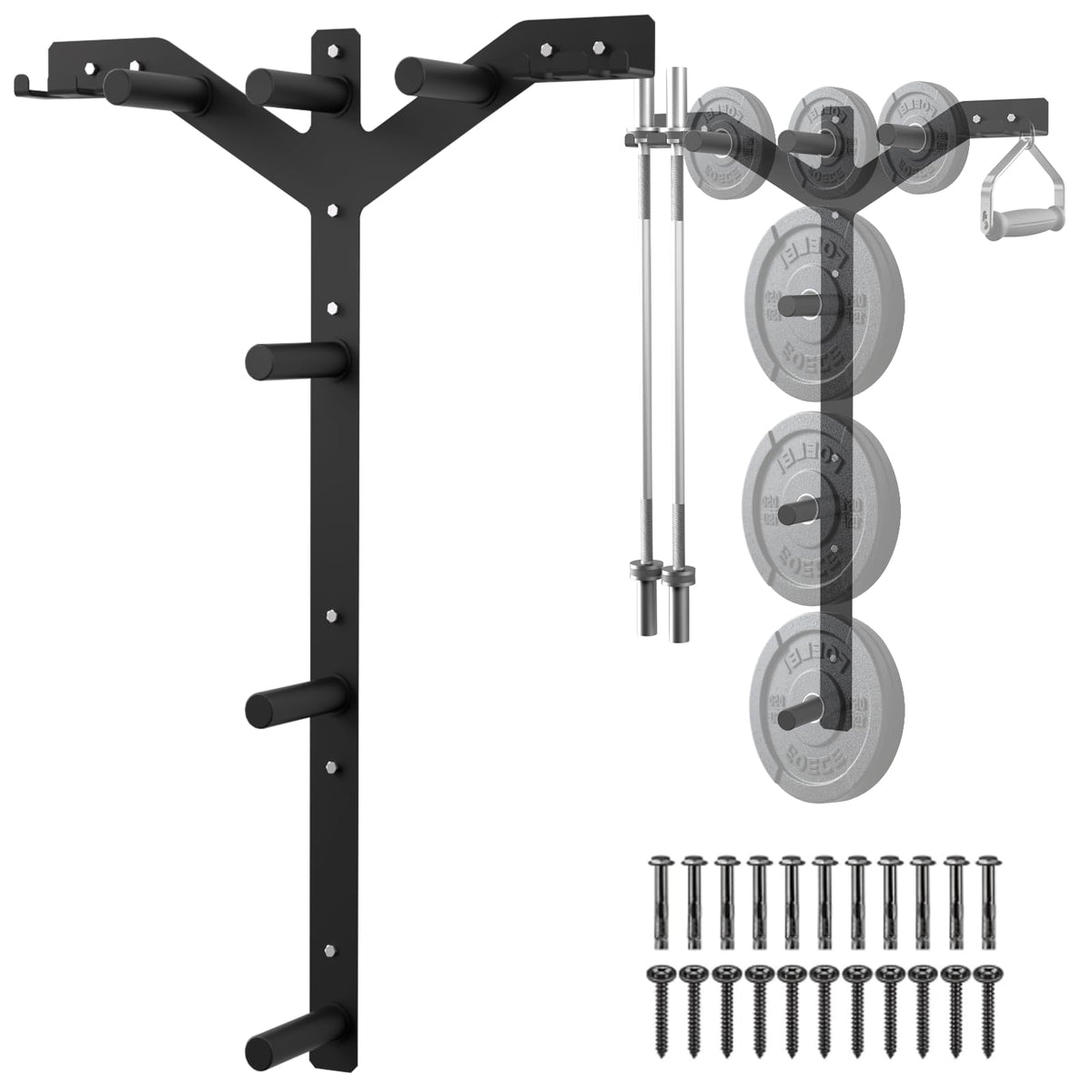 Wall Mounted Weight Plate Rack, 6 Pegs & 4 Barbell Storage Rack, 1190 LBS Capacity Weight Plate Holder, Wall Mounted Bumper Plate Storage for Home Garage Gym, Fit 2" Olympic, Rubber Protection Pads