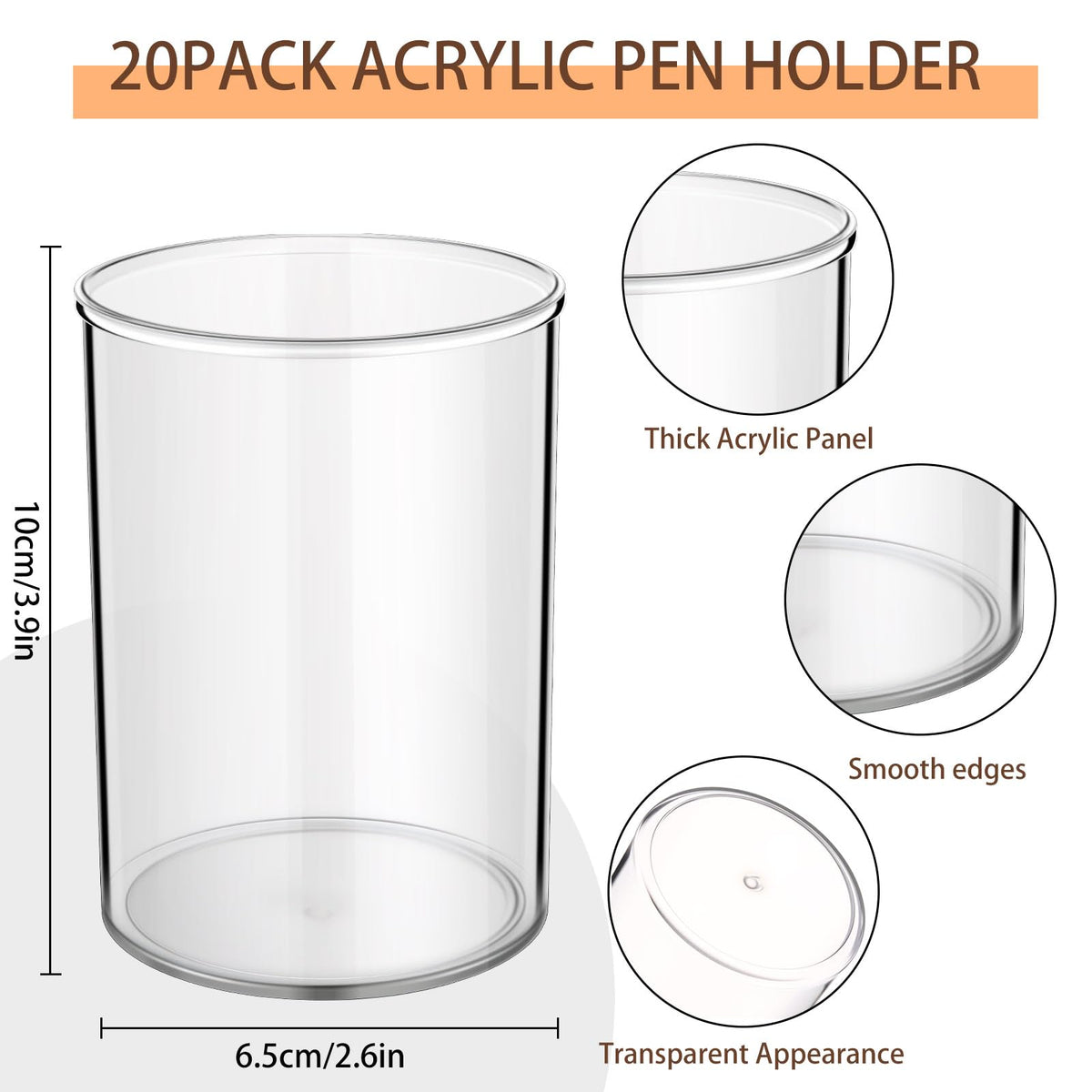 Crtiin 20 Pack Clear Acrylic Pen Holder Makeup Brush Round Pencil Holder for Desk Pen Cups Desk Organizers and Storage Desktop Stationery Organizer for Office School Home Supplies