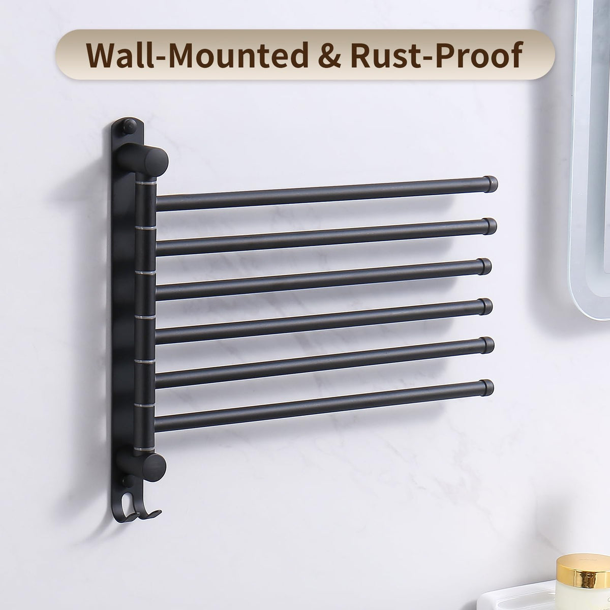 Swivel Towel Rack, 14" Thicken 304 Stainless Steel 6-Arm Adjustable Towel Bar,Wall Mounted Towel Holder with Hook, Space Saving for Kitchen, Bathroom, Outdoor (Black, 6 Arms)