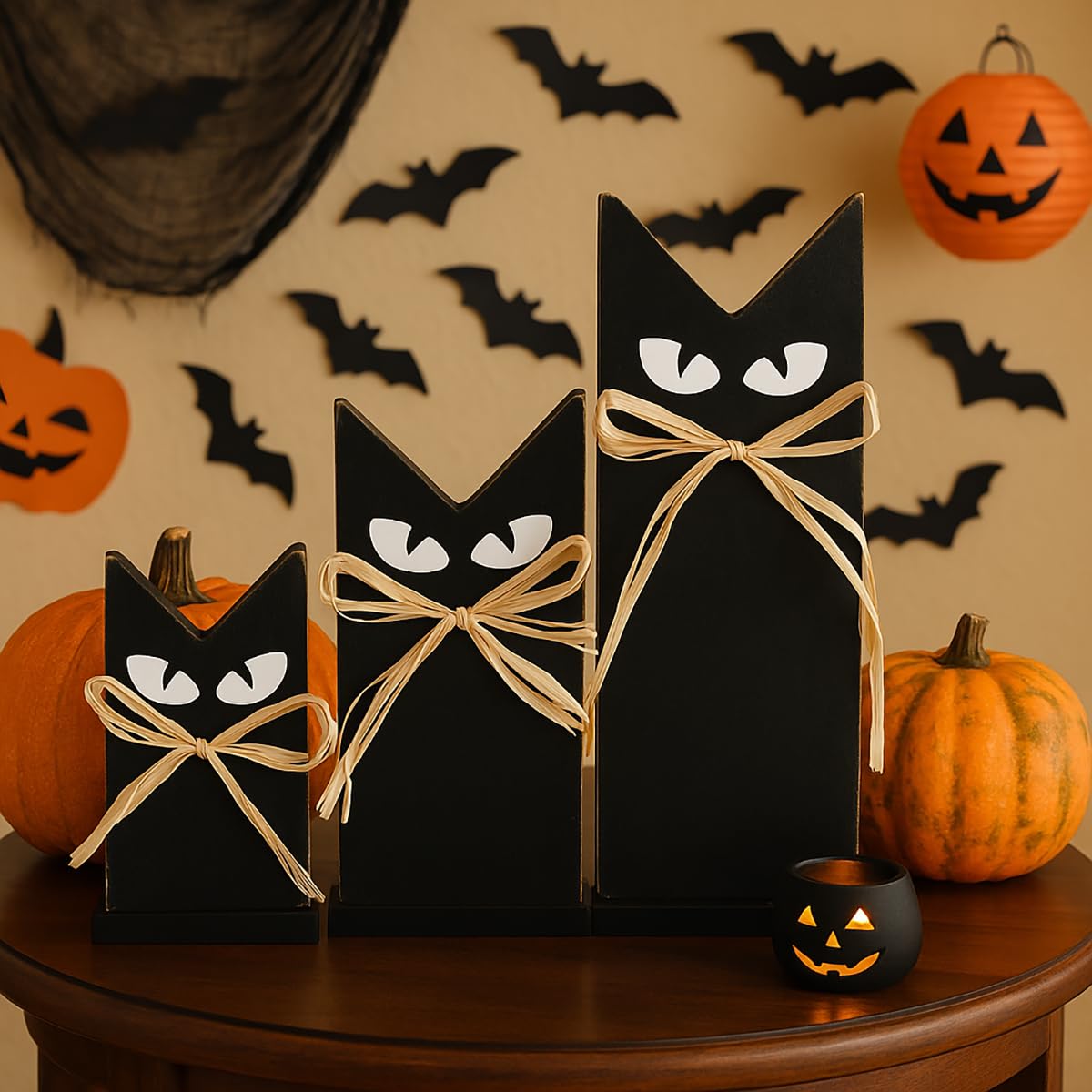 HH Family Halloween Table Decorations Black Cat Rustic Wooden Party Decor for Tabletop Shelf or Mantel (3 Black Cats)