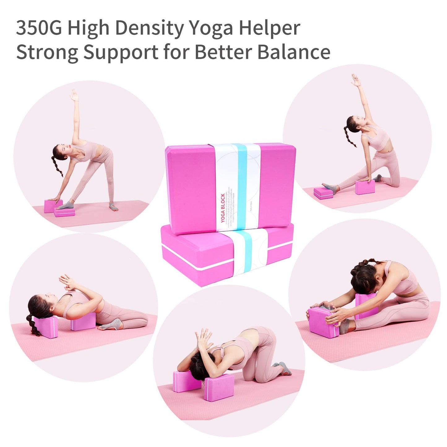 Yoga Blocks 2 Pack with Stretch Strap & Bag – High Density EVA Foam Yoga Block Set, Non Slip Bricks with 11 Loop Strap for Yoga, Pilates, Stretching, Fitness & Rehab (Pink Brick & Pink Band)