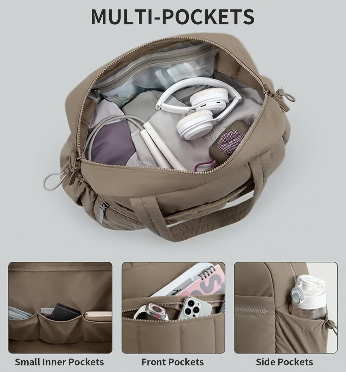 Travel Duffle Gym Bag for Women, Lightweight Puffer Carry on Weekender Bags with Wet Pocket Tote Yoga Workout Bag (Camel)