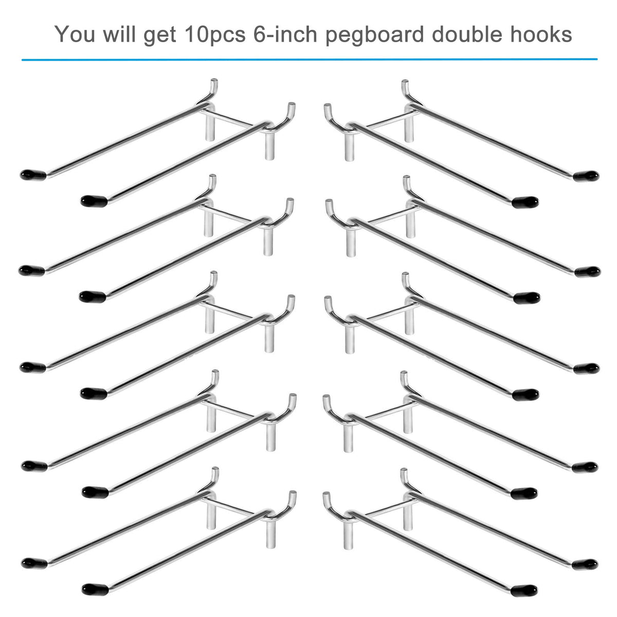 Nlmyt 10 Pcs Pegboard Hooks, 6 Inch Peg Board Hooks, Pegboard Pegs Accessories with Rubber Tipped, Double Peg Hook Fit 1/4” Hole, Heavy Duty Tool Utility Hook for Hanging Tools, Bags and More
