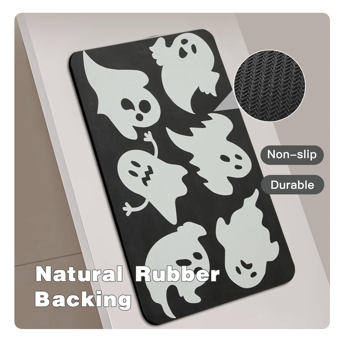 TYUU Halloween Bath Mat, Thin Halloween Bathroom Rug Non Slip Quick Dry Ghost Bath Mat Fits Under Door Thin Floor Mat Halloween Decor, 17''x30'', Ghosts Black