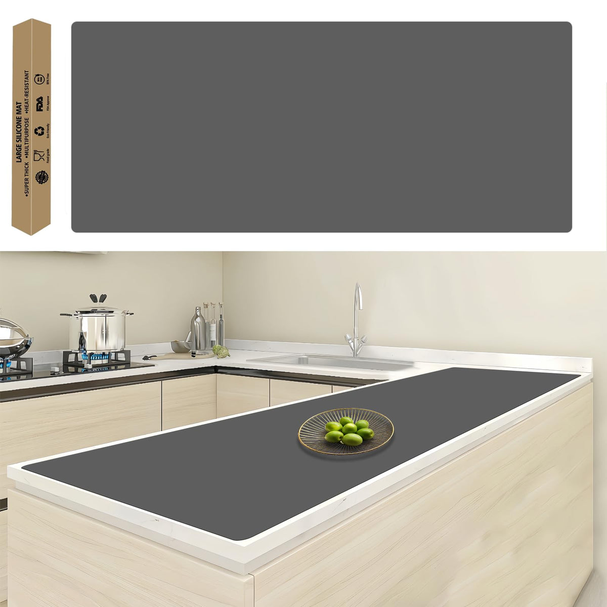 120"x24"(305cmx60cm) Large Silicone Kitchen Counter Mat, Heat Resistant Non-Slip Countertop Protector, Waterproof Multipurpose Mat for Kitchen Island, Dark Gray