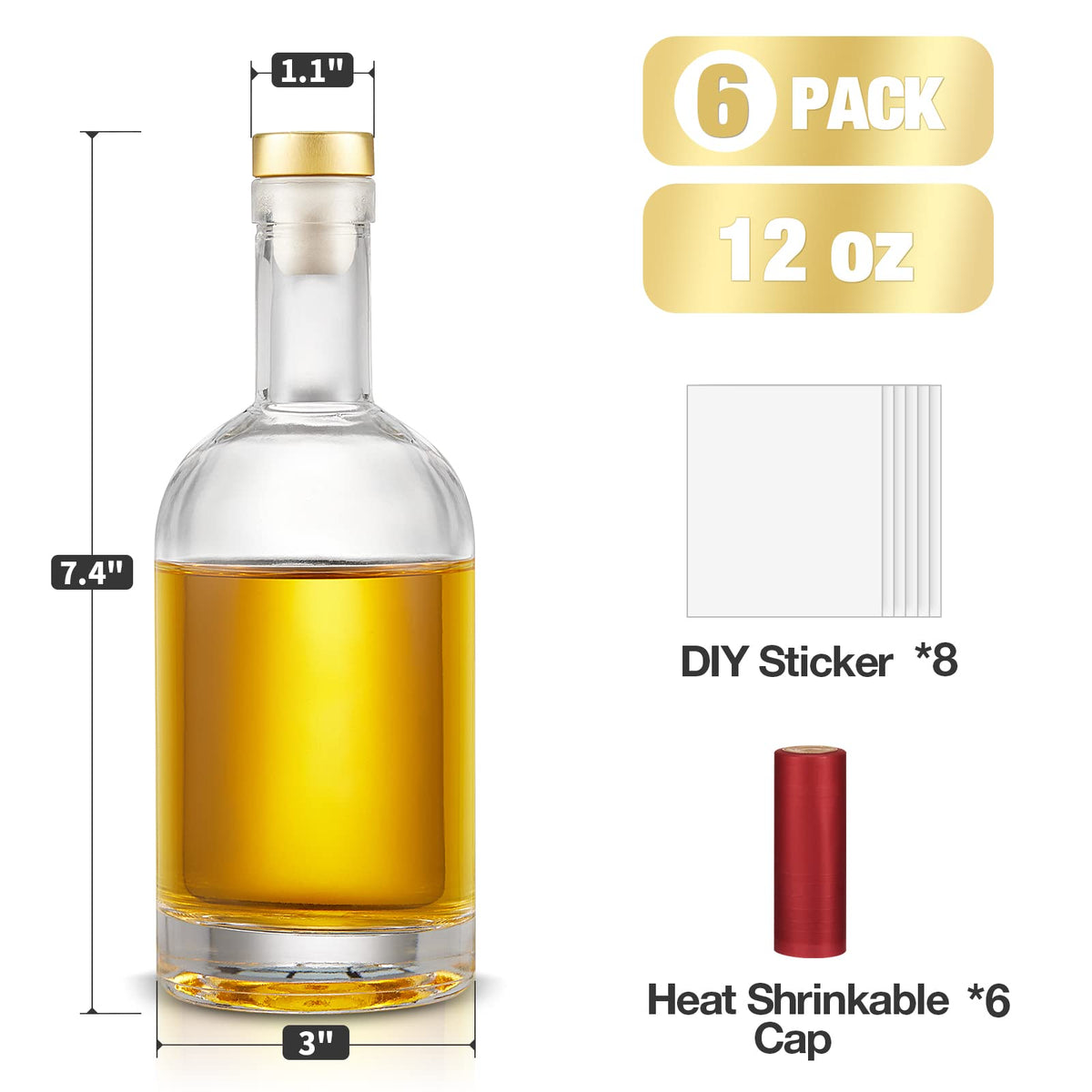 Mfacoy Set of 6 Glass Bottles, 12 oz Clear Liquor Bottles, Heavy Base Glass Bottle with T-Top Cap, Vodka Bottle for Wine Beverages Drinks Oil Vinegar Kombucha Beer with Cork Stopper Airtight Lid