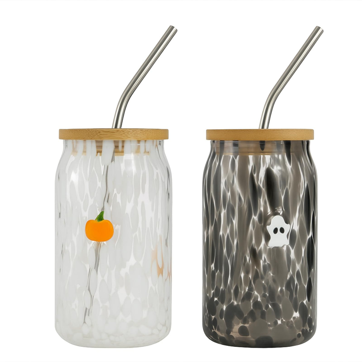 Honeydak 2 Pcs Icon Juice Glass Tumbler-18 oz Icon Can Shape Glass Cups with Lid and Straws, Coffee, Beer, Soda, Juice, Summer Drinking for Halloween Christmas Party Favors (Ghost and Pumpkin)