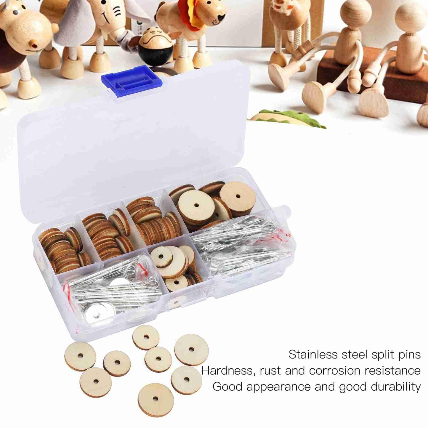 Luatoxry Doll Joints, 50 Sets Movable Joints Pin, Wood Doll Neck Joint Cushion with Iron Clip and Ring, 0.5-0.8in Doll Making Cotter with Storage Box for DIY Craft Teddy Bear