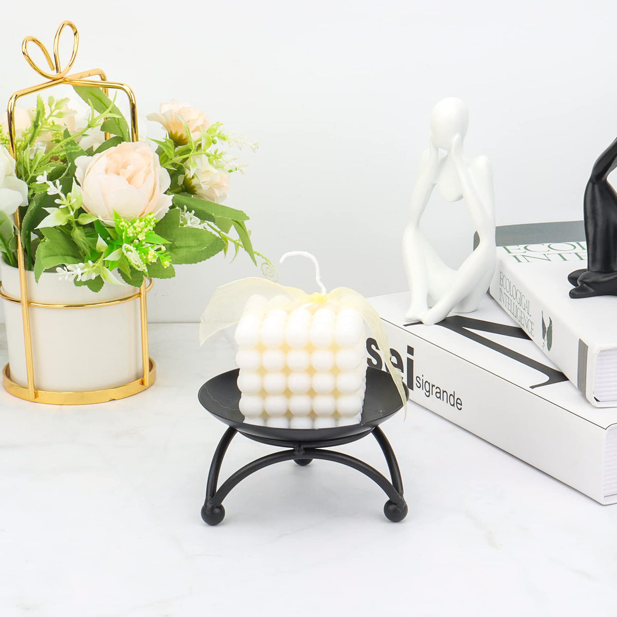 GerayMer Pillar Candle Holder, Iron Candle Stand, Candle Plate, Candlesticks for Pillar Candles, Black Candle Tray for Party Wedding Table Home Decoration (Set of 2)
