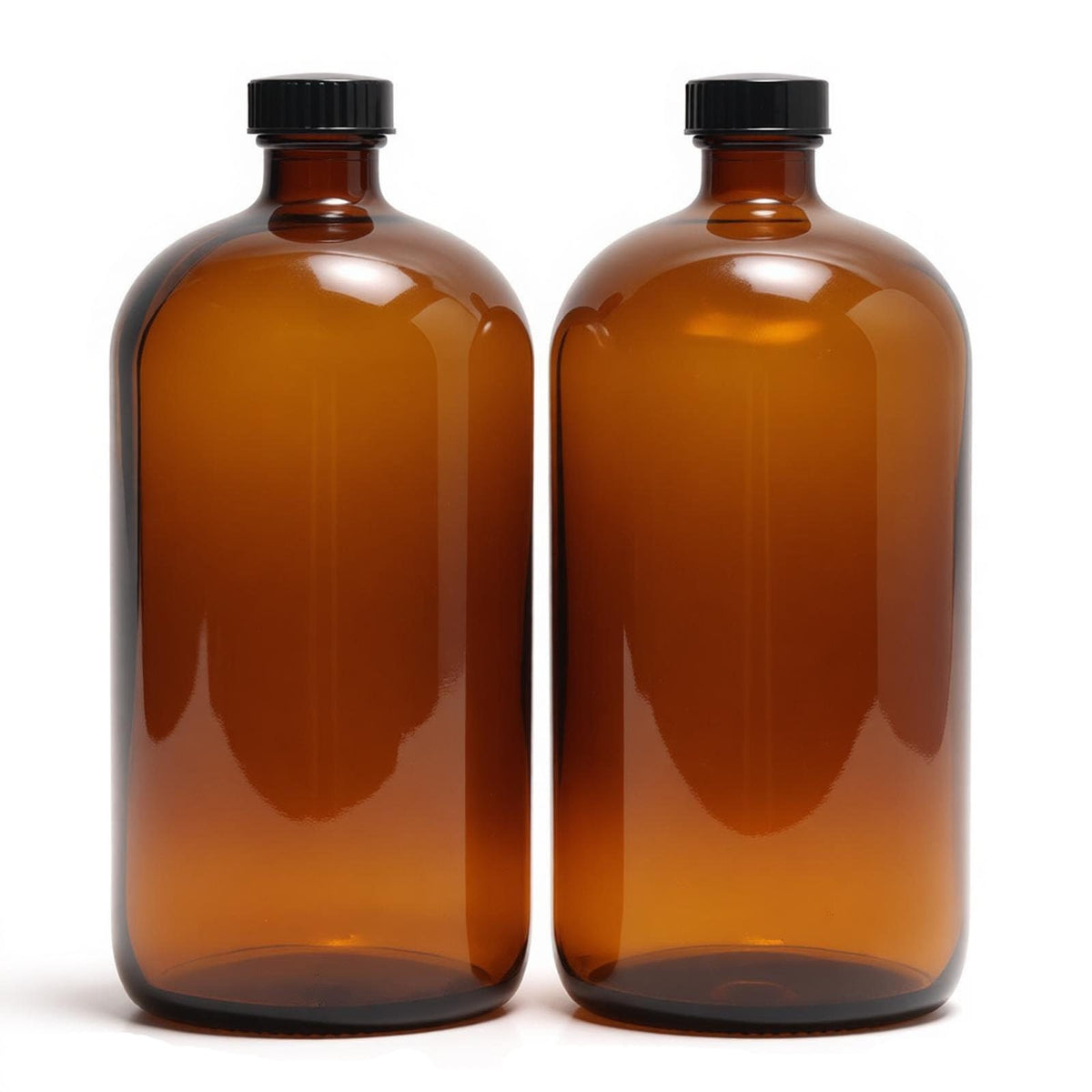 2 Pack 1000ml (32oz) Amber Glass Boston Round Bottles with Black Screw Caps - Empty Refillable Brown Glass Bottles for Essential Oils, Lab Chemicals, Cosmetics, Cleaning Solutions & Homemade Products