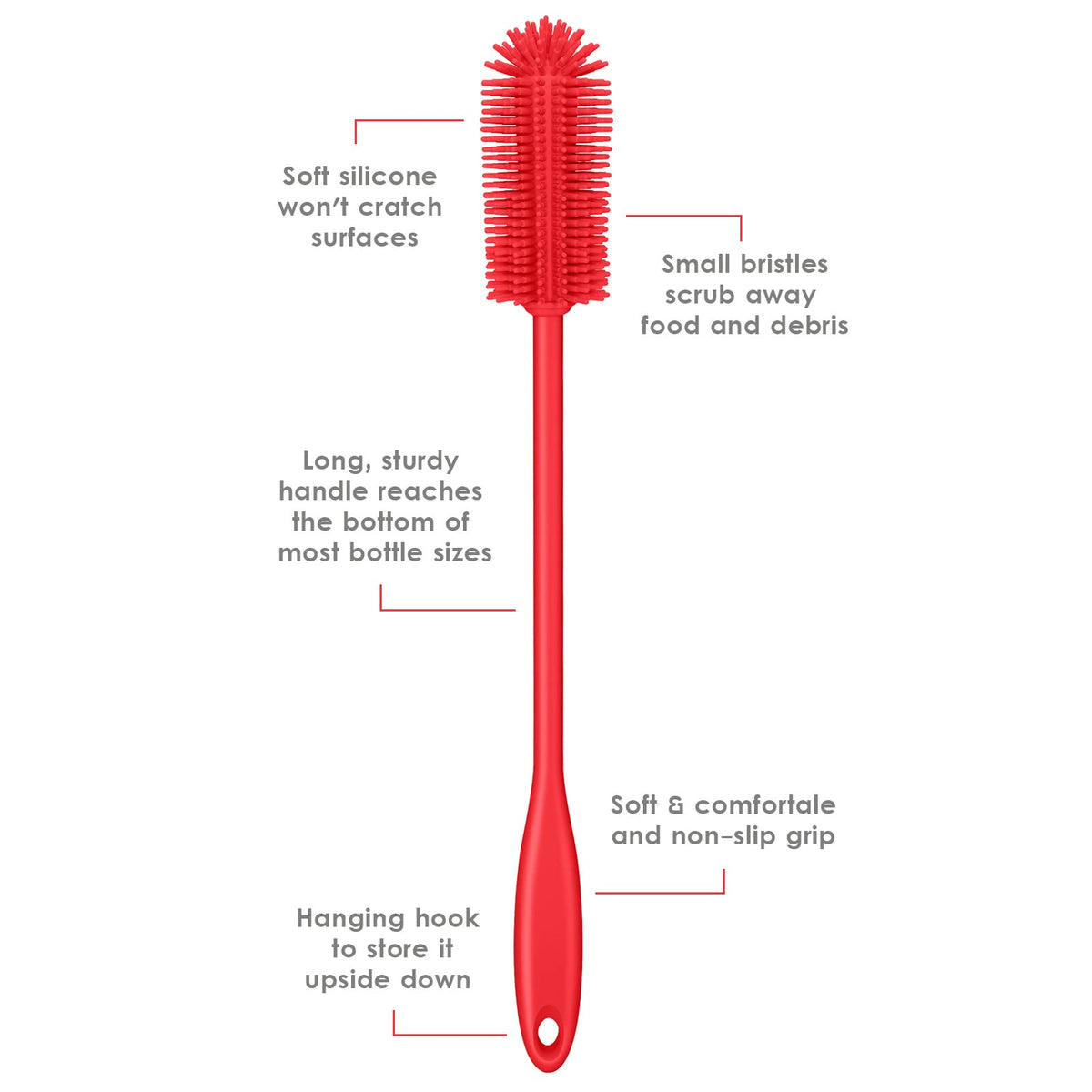 Purtribe Silicone Bottle Brush, Water Bottle Cleaner Brush with Long Handle, Perfect for Cleaning Narrow Neck Containers, Vacuum Sports Bottle, Tumblers, Flask, Glassware (1 Pack, Red)