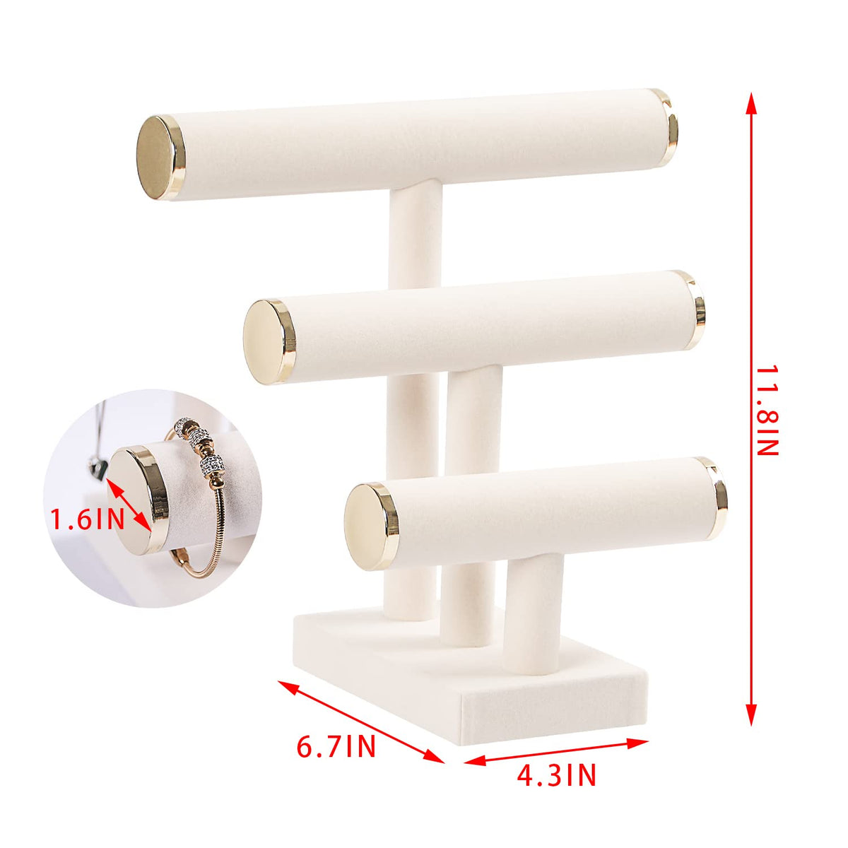 Pengup 3 Tier Bracelet Holder,Bracelet Display Stand with Metal Cap,Beige White Velvet Jewelry Organizer Displays for Necklace Scrunchies Watches Hair Ties.